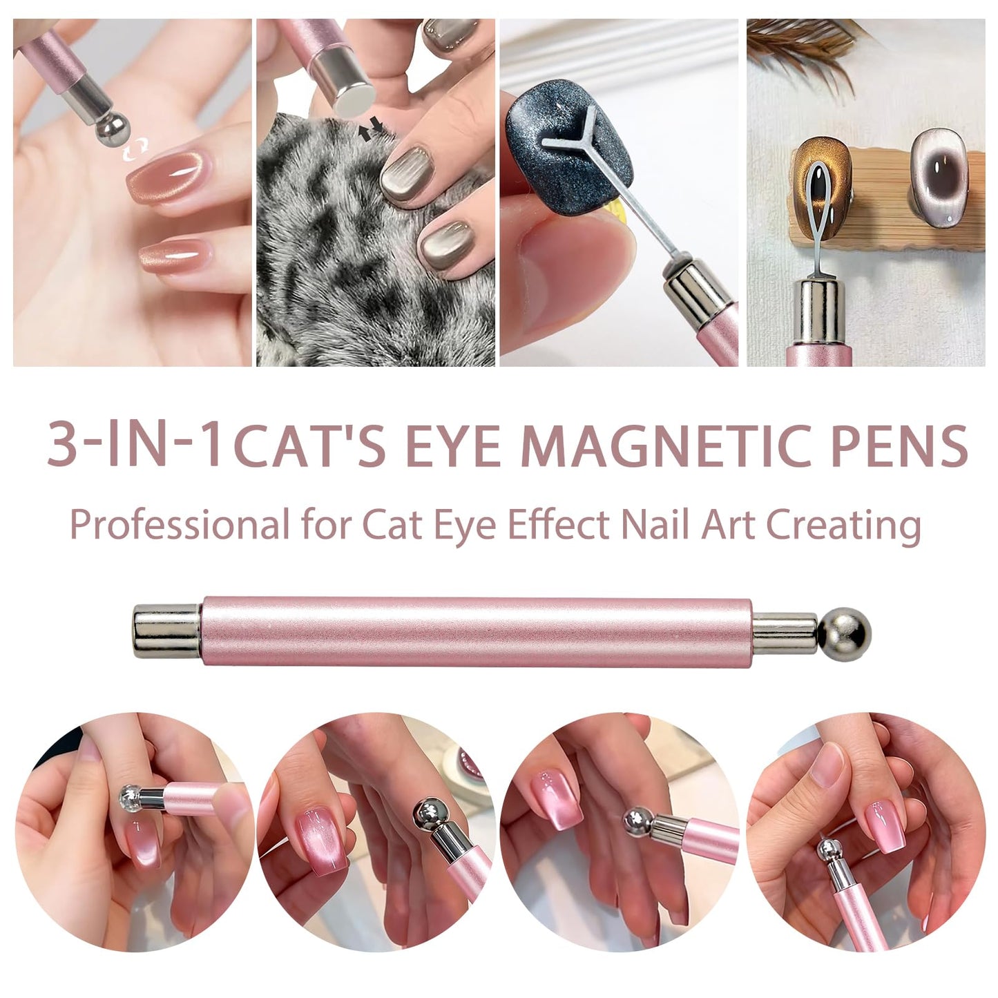 WOKOTO 4 PC Cat Eye Magnets With 6 Pcs Iron Stencils For Nails, Cylinder Nail Magnets With Magnet Ball, Short Cylinder, Point & Flower Nail Polish Magnet For Nails, Heart & Bunny Stencils Magnet Tools