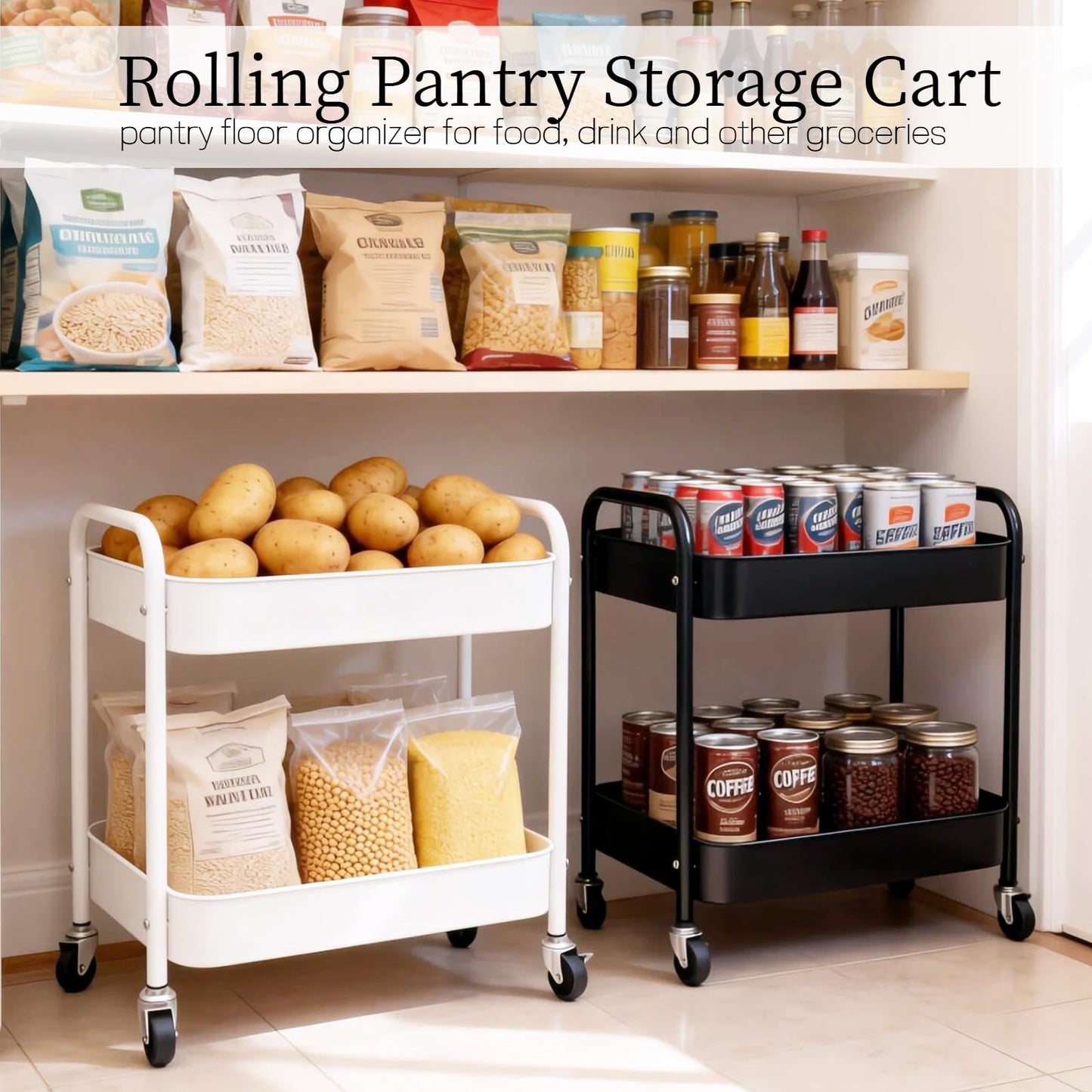Ufriandz 2 Tier Metal Rolling Utility Cart with Wheels Under Desk Storage Cart with Handle, Roll Around Organizer Trolley for Small Space Pantry Bathroom Home Kitchen Office Snack Baby Supplies, Black