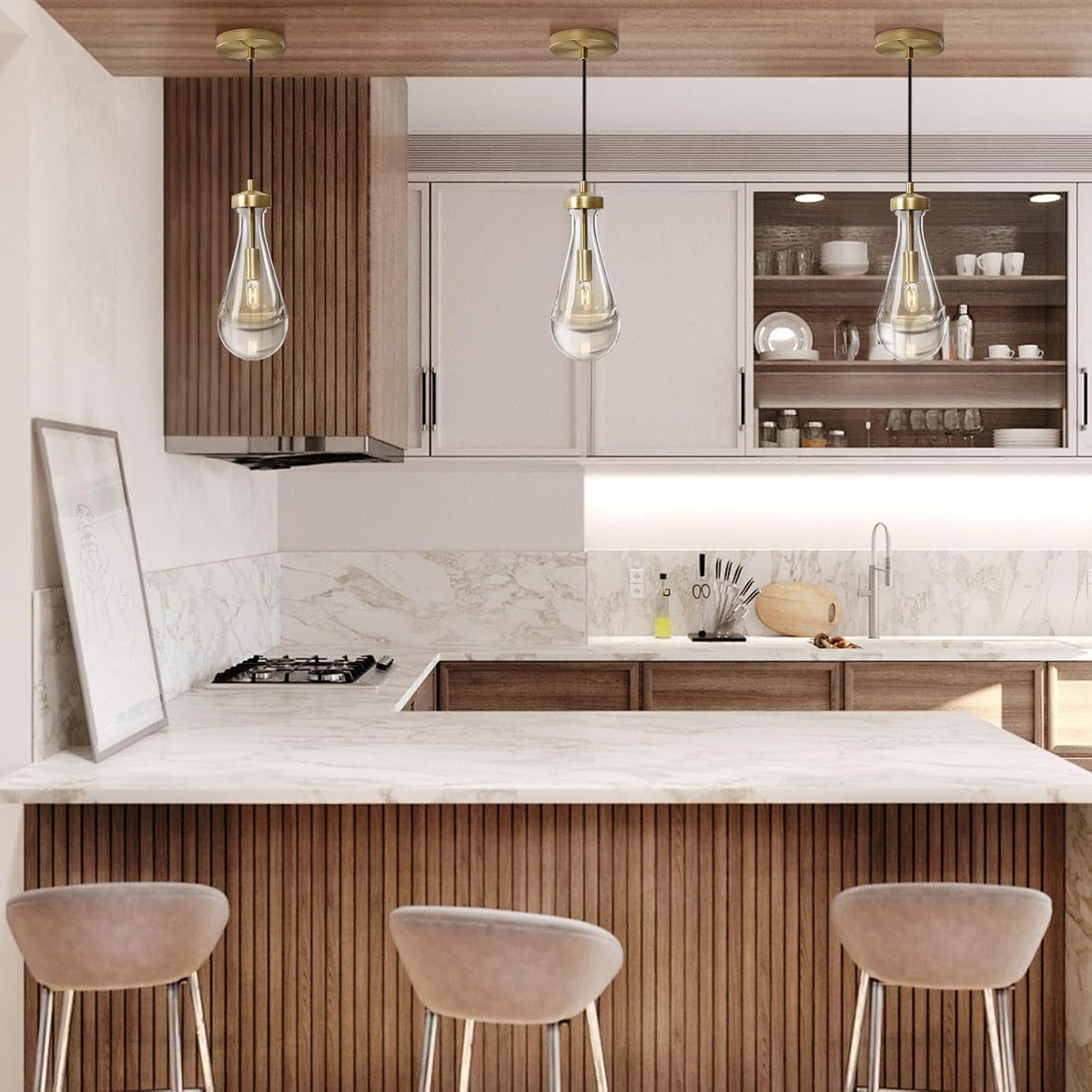 Raindrop Pendant Lights, Pendant Lights Kitchen Island, Brass Base Hanging Light Dining Room Light Fixture, Handblown Clear Kitchen Chandelier, Rope Pendant Lights for Living Room Hallway,E12 Bulb