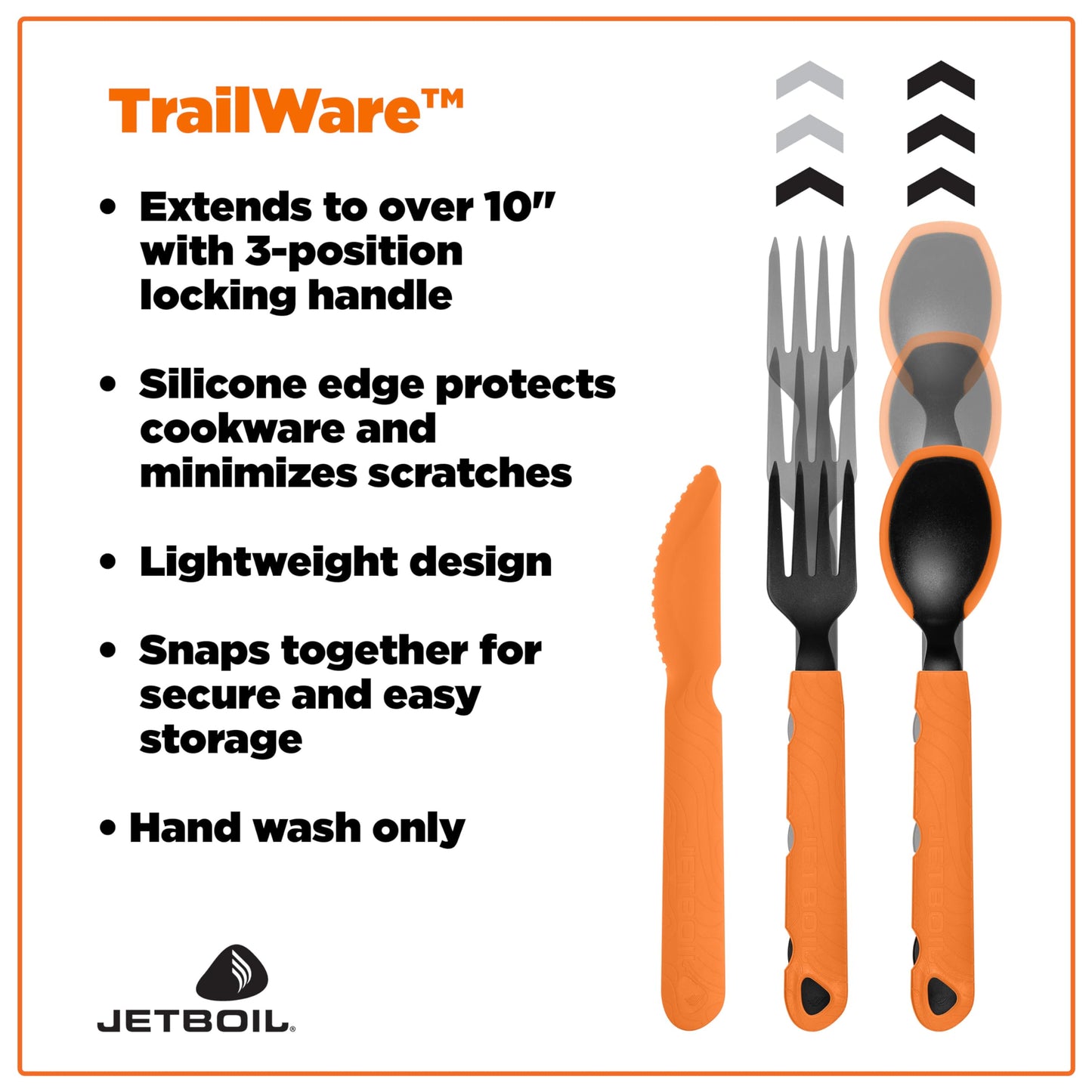 Jetboil TrailWare Backpacking and Camping Utensil Set, Extendable Fork, Knife and Spoon
