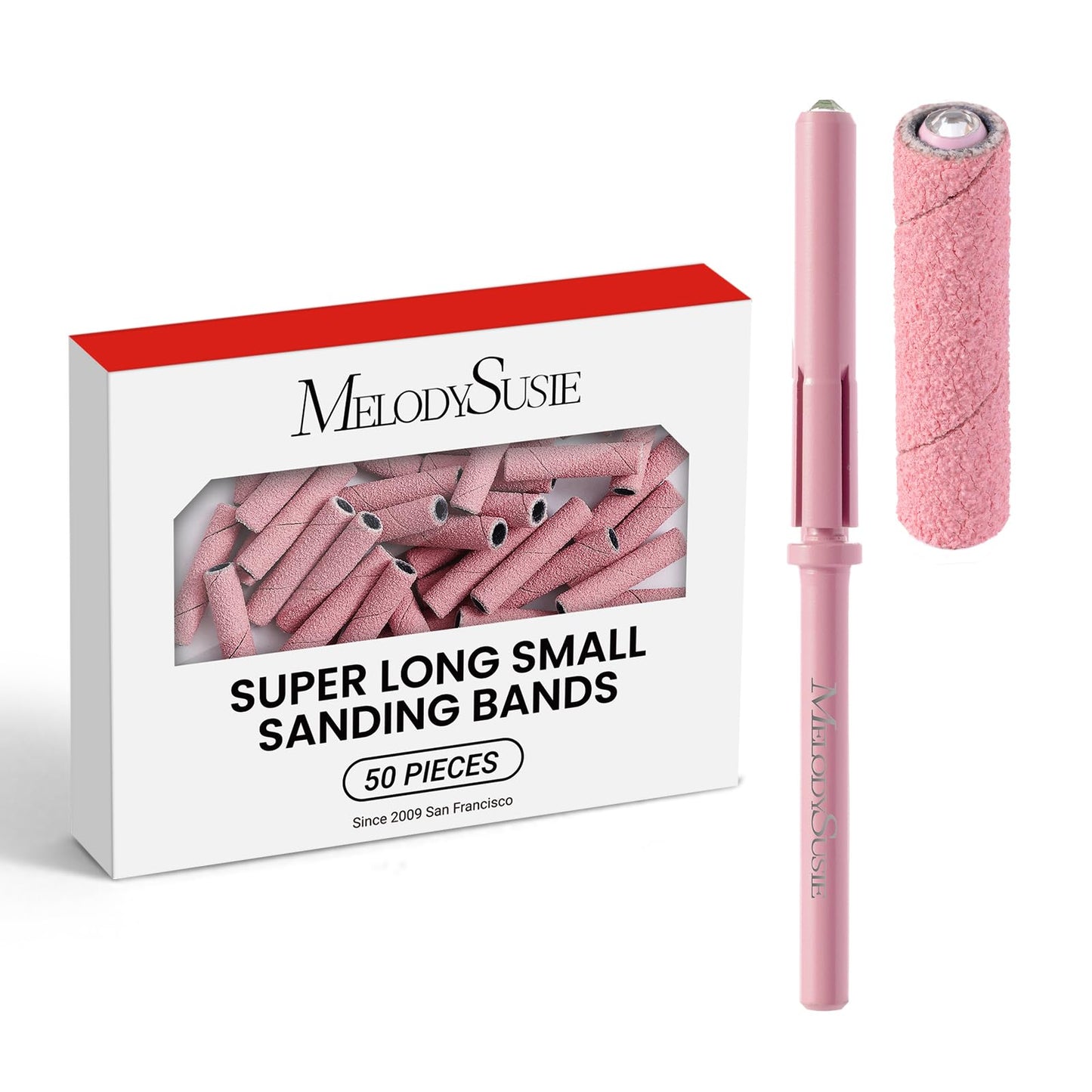 MelodySusie 50 Pcs Super Long Small Sanding Bands with Heart Shape Mini Nail Buffer Block