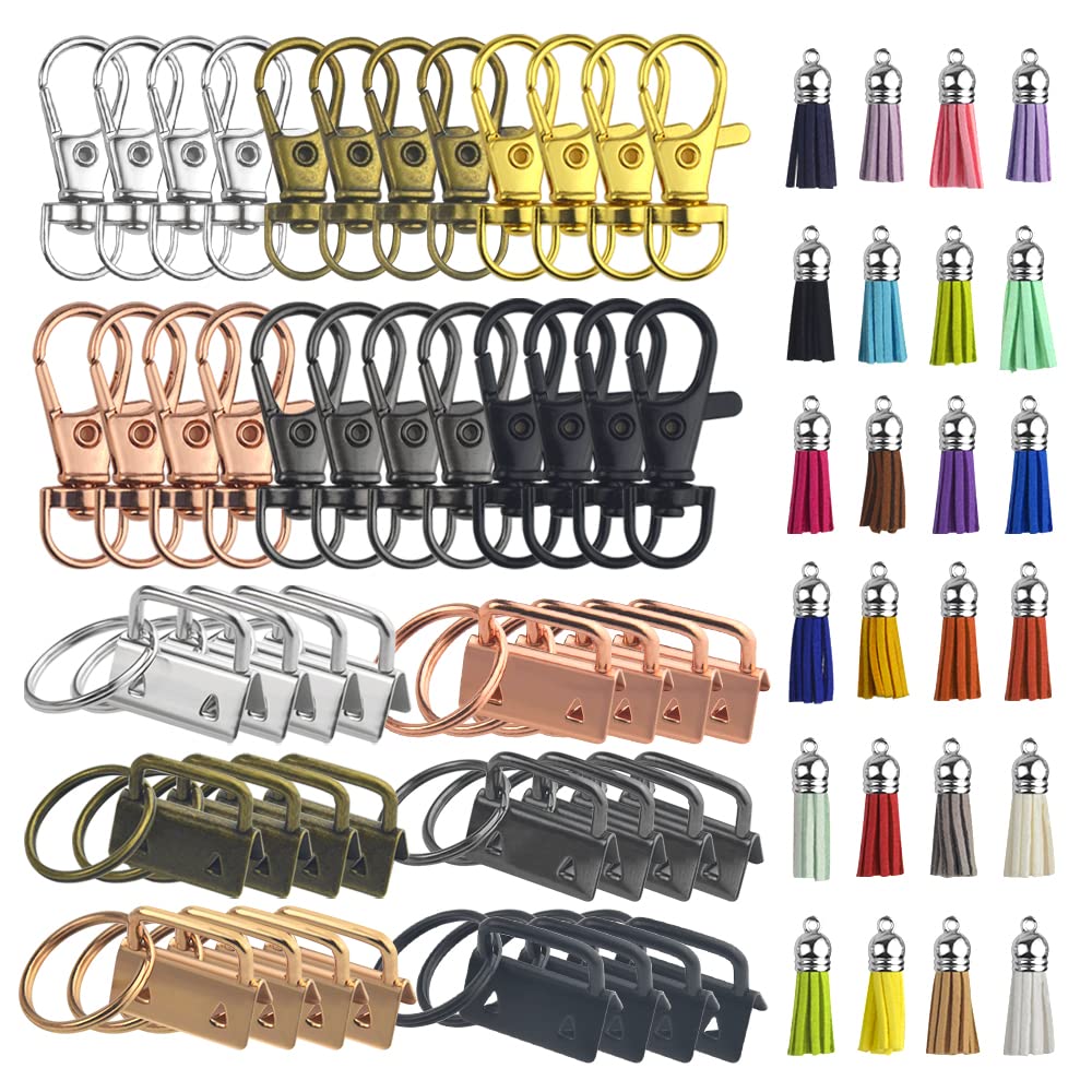 XINMEIWEN 72PCS Key Fob Hardware Set Including 24 Key Fob Hardware with Key Ring 24 Colorful Leather Keychain Tassel and 24 Swivel Snap Hooks for Keychain Making Supplies (6 Colors)