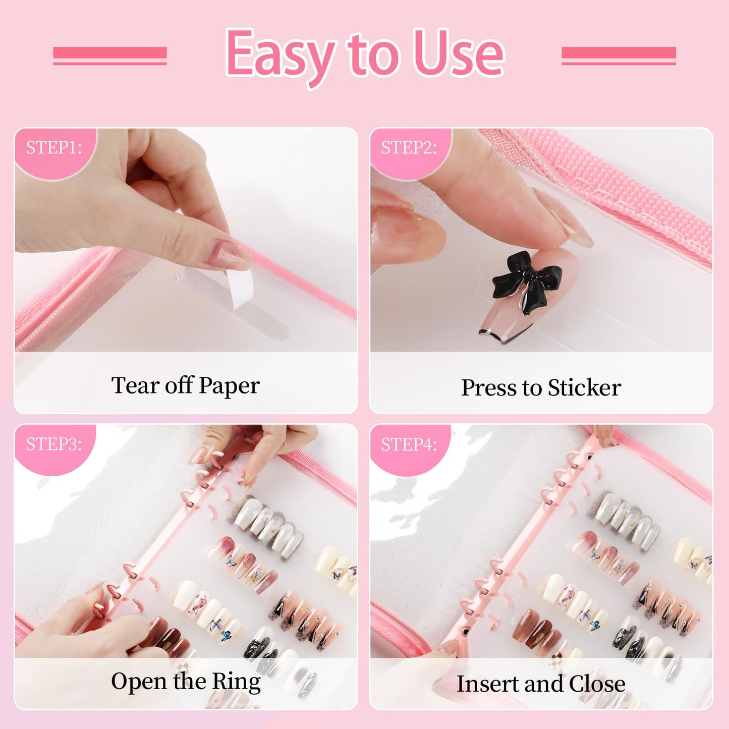 ASTONFOG Press on Nail Organizer Binder Book, 8 A5-Sized Insert Pages & Double Sized Tape, Press on Nails Display Storage Book, Reusable Fake Nail Swatch Collecting Book (Pink)