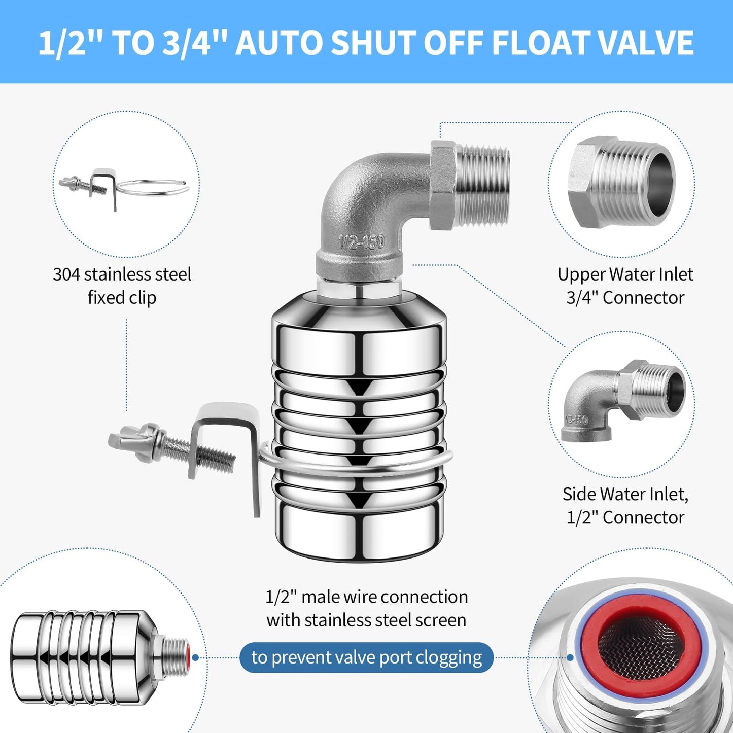 2Pcs Water Float Valve for Water Tank, Aquapulse Automatic Water-Level Control System, 1/2" to 3/4" Stainless Steel Water Shut Off Float Valve for Water Tower, Pool, Livestock Troughs