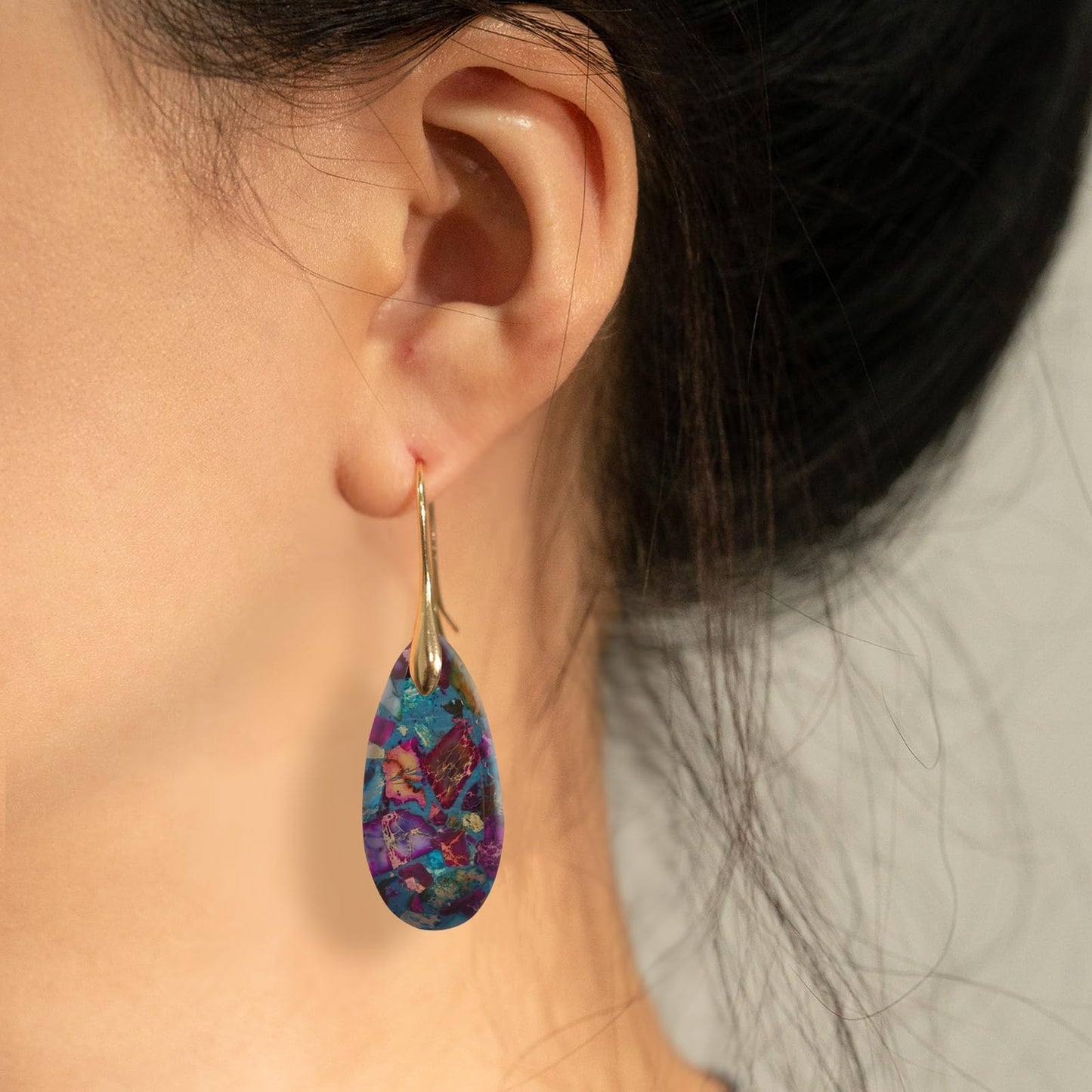Sriomu Natural Healing Stone Fishhoop Dangle Drop Earrings Statement Gold silver earrings