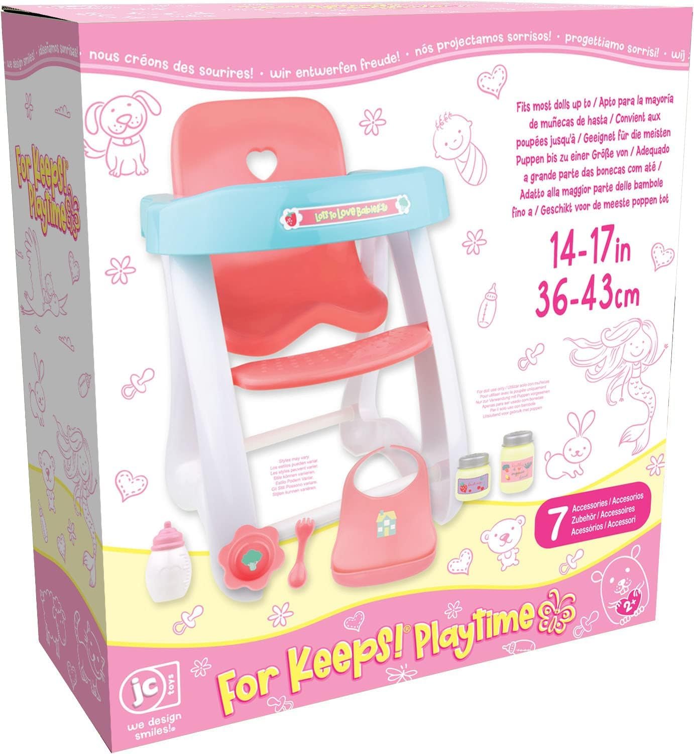 JC Toys - Doll High Chair | Fits Dolls up to 17" | Easy to Clean | Simple Assembly | 7 Piece Play Set| Ages 2+, Pink/Blue