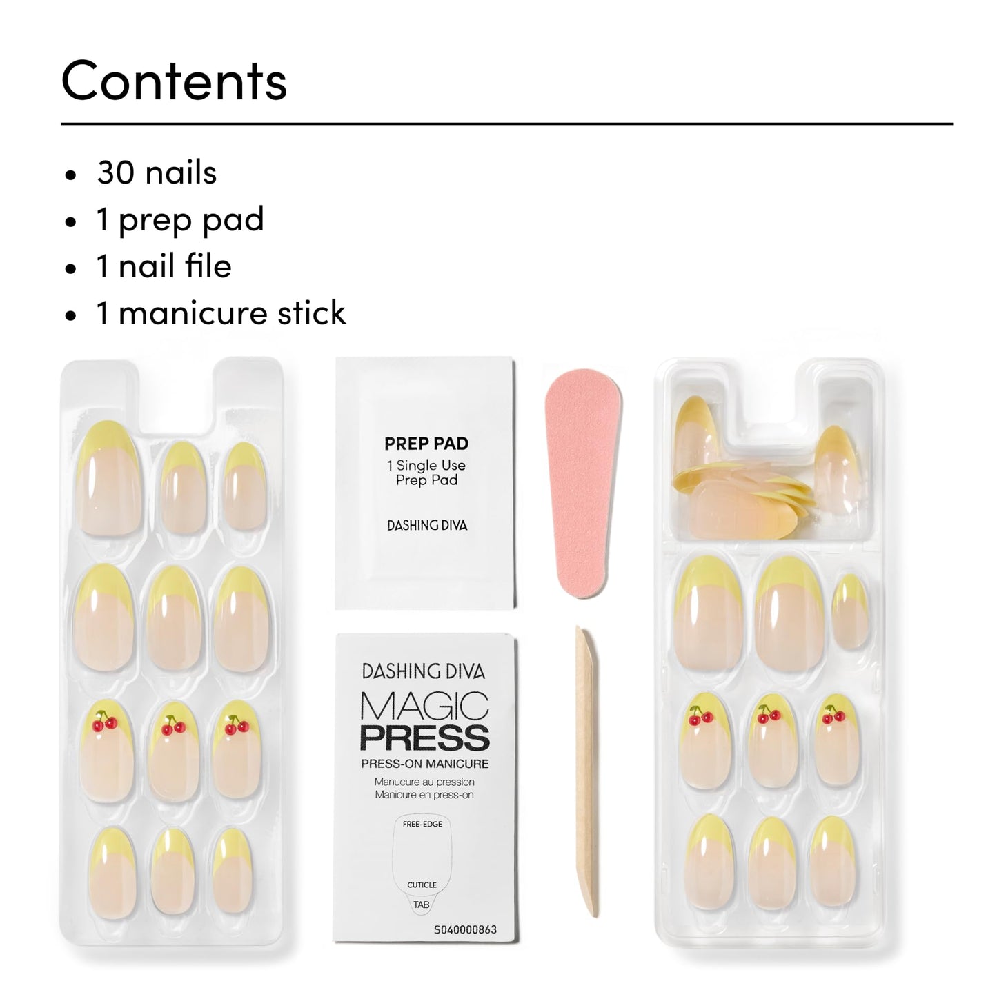 Dashing Diva Magic Press Nail Set - Cherry On Top - Long Almond Press On Nails - Long Lasting Gel - Lasts Up to 10 Days - Summer Gel Set - 4-Piece Manicure Kit with 30 Nails