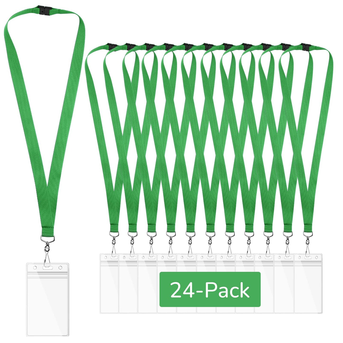 WEZEBEL 24-Pack Green Breakaway Lanyards with Waterproof Badge Holders, Polyester Neck Straps for ID Cards, Events, Office, and Schools