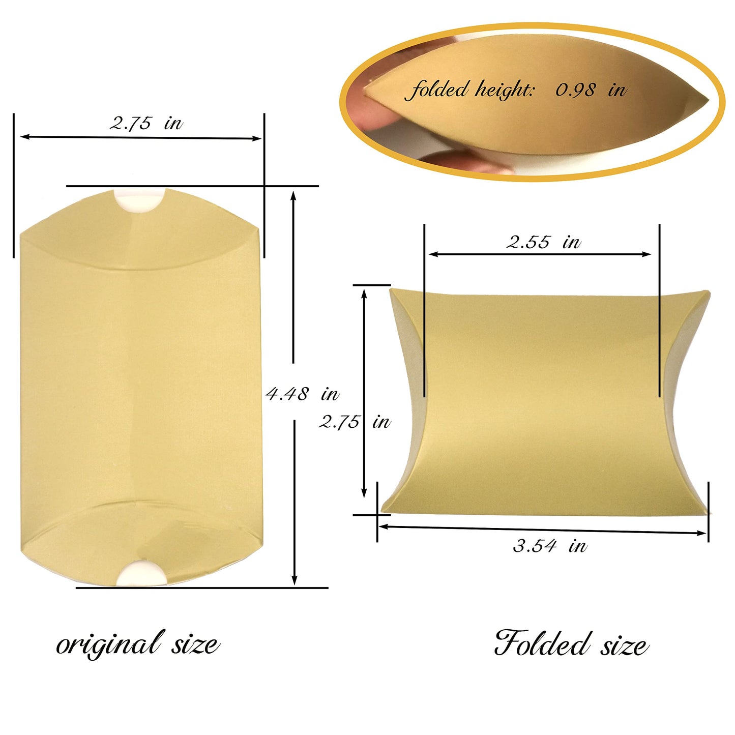 Aokbean 100 Pack Mini Pillow Candy Box Small Gift Boxes with 50 Yards Ribbon for Christmas Wedding Party Favor Gift, Jewelry or Soap Packaging (Gold)