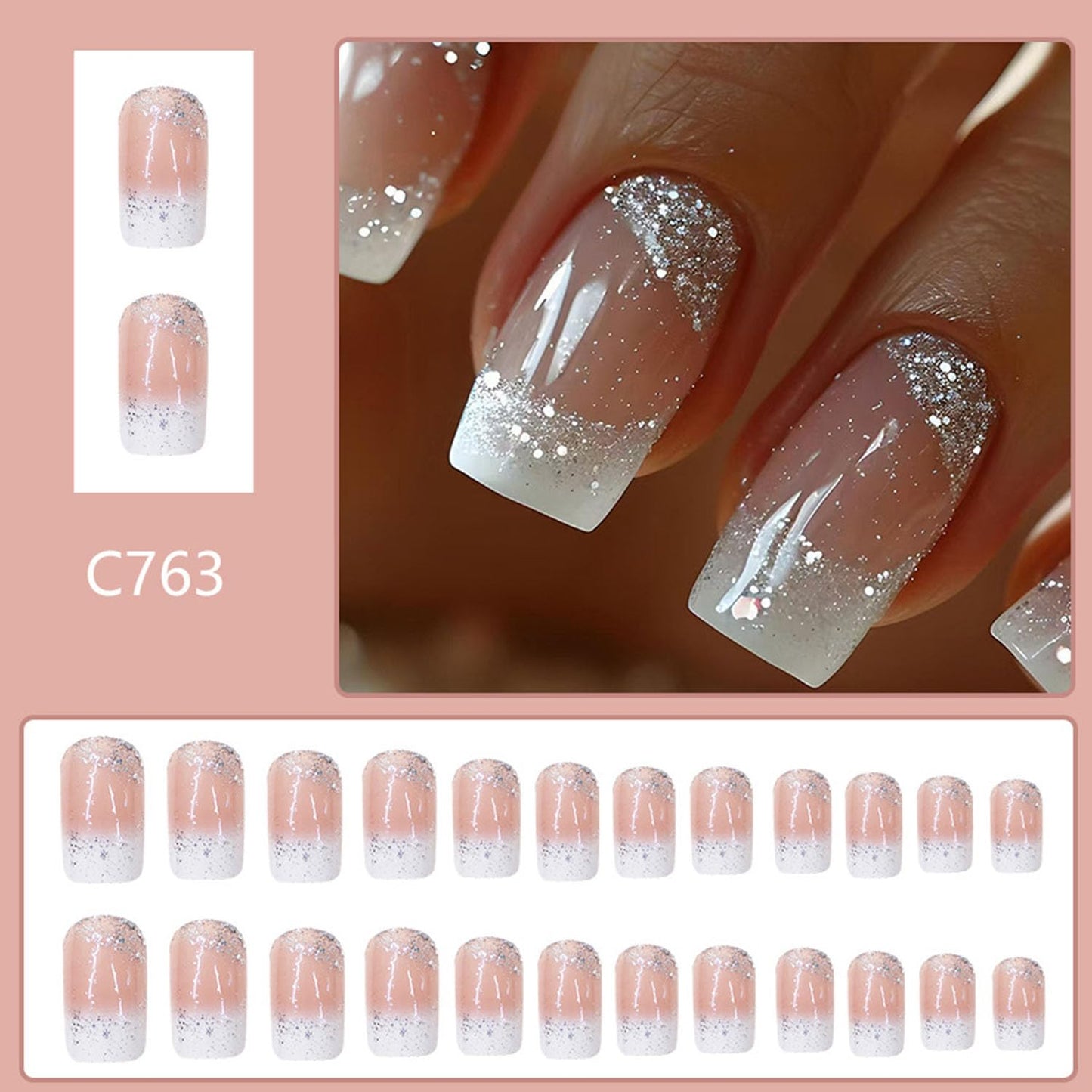 Square Press on Nails Meidum Short Fake Nails with Silver Glitter Designs Nude & White Translucent Nails Press ons Glossy Simple Acrylic Nails for Women 24 Pcs