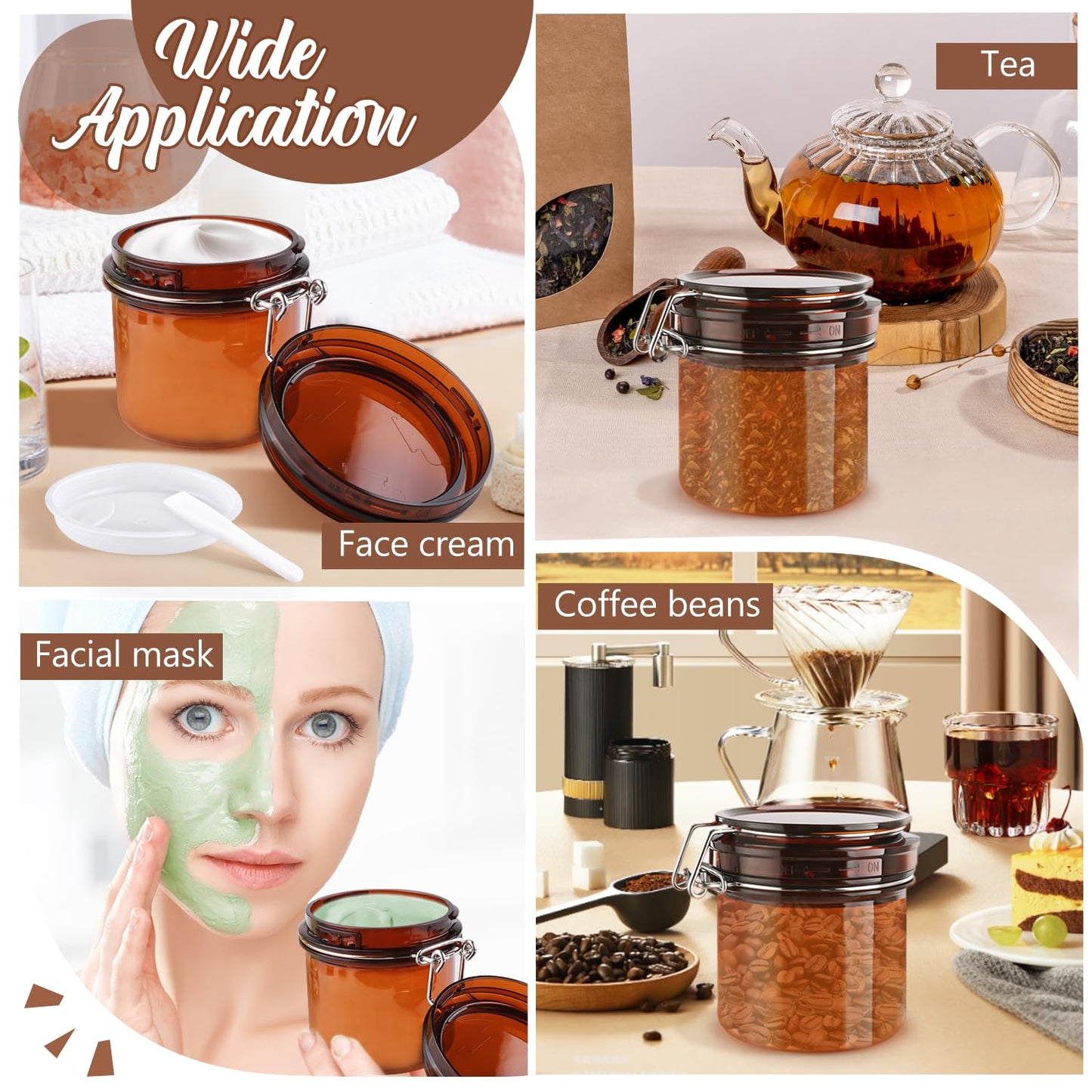 BOSMIOW 4Pcs 220ml/7.8oz PET Plastic Amber Storage Jar Sealed Container Facial Mask Jars Wide Mouth Canning Jars with Hermetic Sealed Hinged Airtight Lid for Cream Lotion Bath Salts Spices