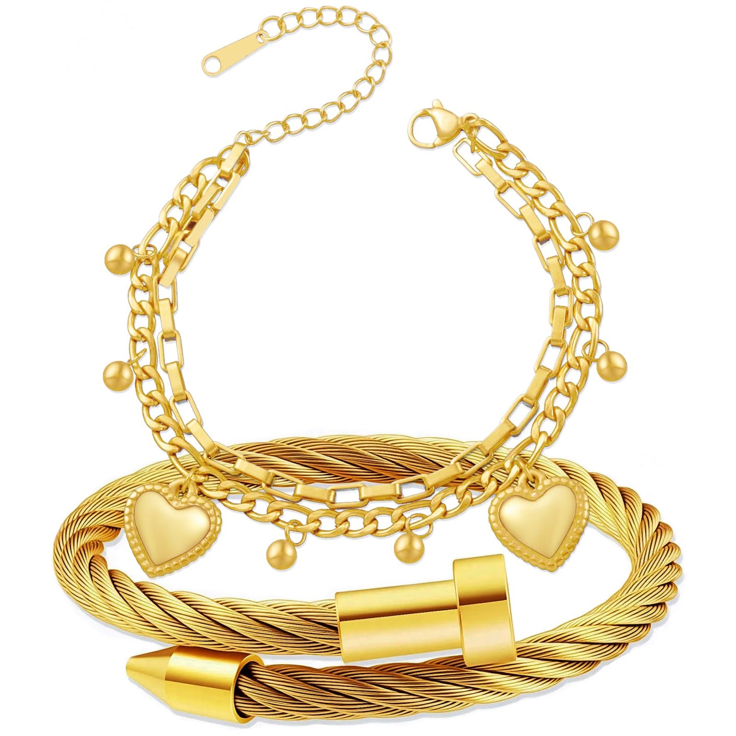 LCTrusttmor Gahna Heart Charms Bracelets for Women, Stackable 18K Gold Plated Heart Charm with Adjustable Layered Link Chain Set Dainty Jewelry Gifts
