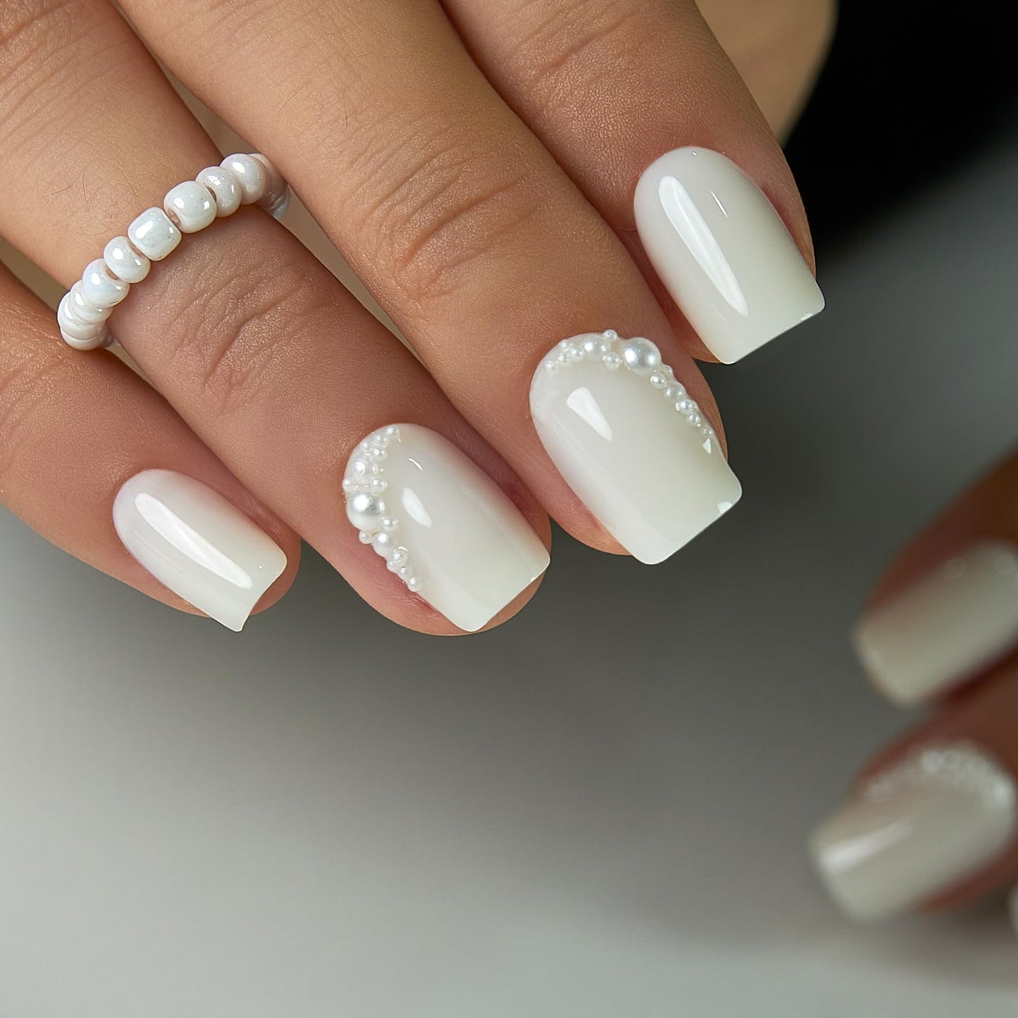 Curvlife Press On Nails Short Square White - Pearl Crescent Press on Nails with Glue, 3D Pearl French Tip Glossy False Nail Tips with Pearls for Women Wedding