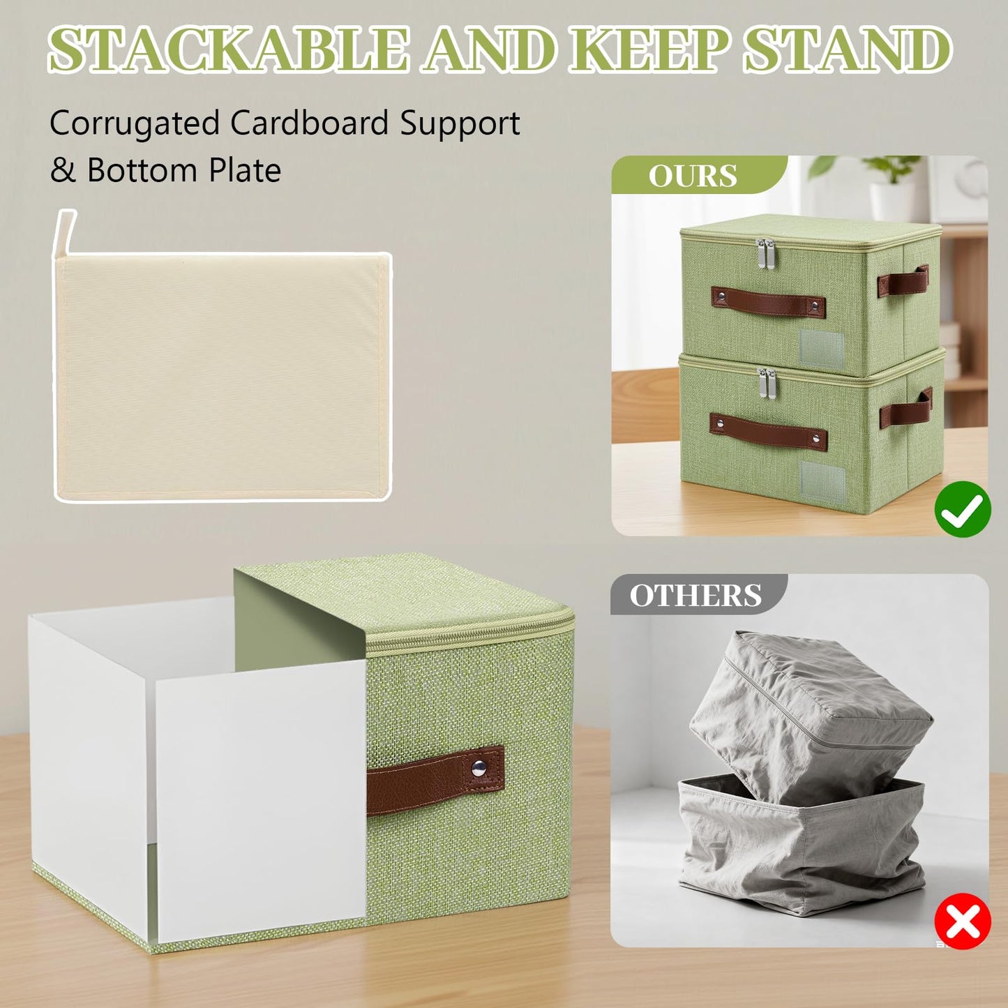 Lucky Monet 1PCS Storage Bins with Zipper Lids 15"x10"x10" Foldable Lidded Fabric Storage Boxes Baskets Cotton Linen Closet Shelf Clothes Organizer with Handles & Label Pocket (Green, Large)
