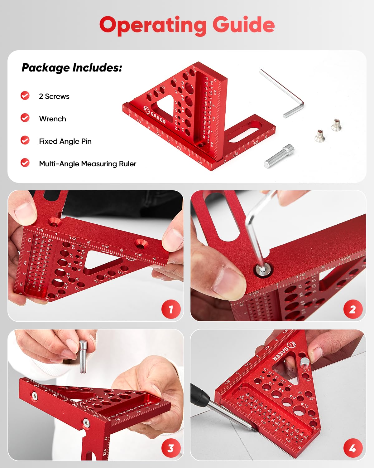 Saker 3D Multi-Angle Measuring Square Ruler, Aluminum Alloy Carpenter Square, 0-90° Precision Hole Scribing Ruler with Angle Pin for Woodworking, Engineering, and Construction Projects
