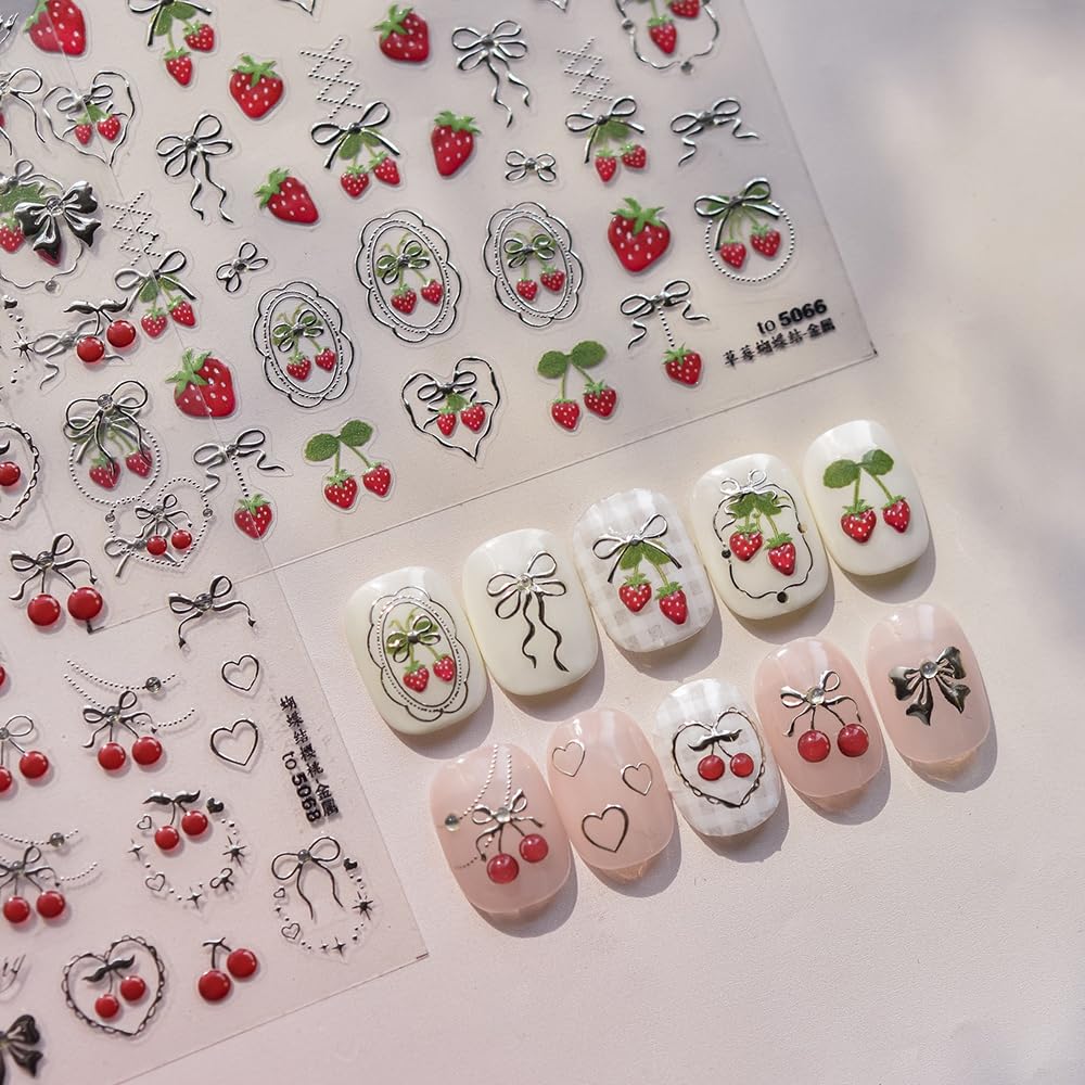 Strawberry Kiss Nail Stickers 5D Embossed – Premium Salon-Quality Nail Charm Accessories, Easy Application & Self-Adhesive Cute Berry Bowknot for DIY Manicure, Nail Art, Press on, Home or Salon Use