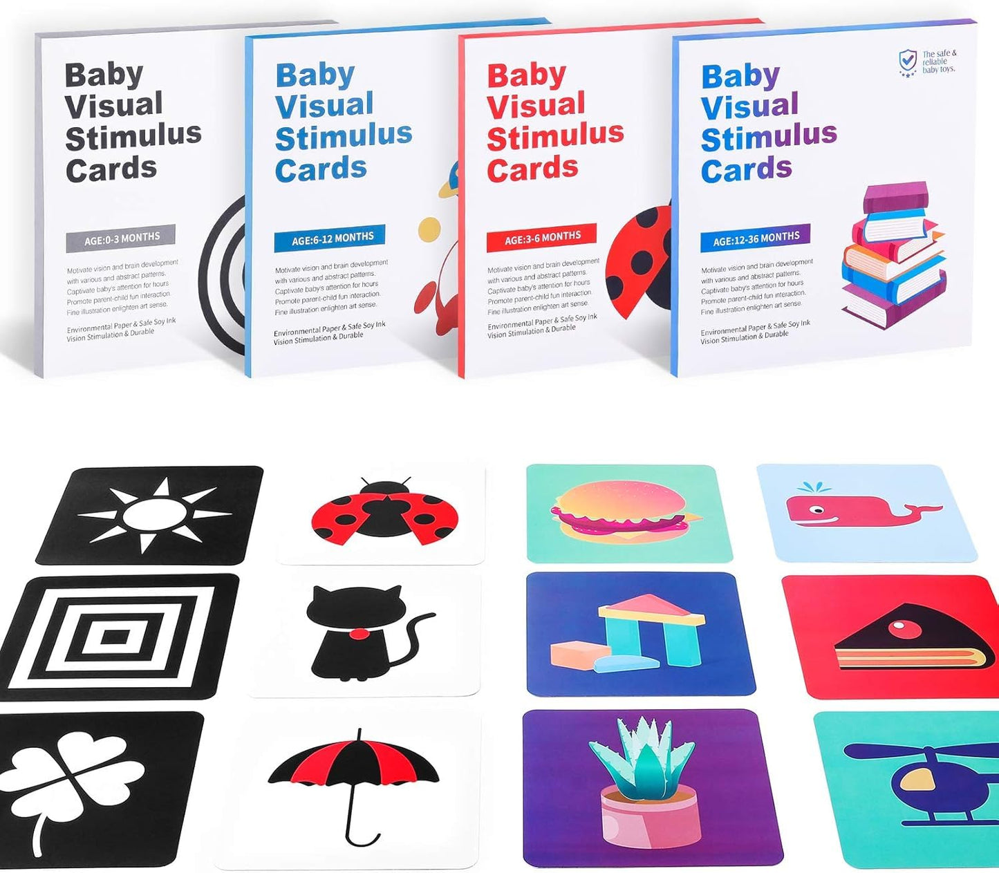 Baby Visual Stimulus Cards, Black White Red Pattern, High Contrast Flash Cards, 128 Designs, Anti-Glare Coating, 0-36 Months Development, Smooth Edge Design