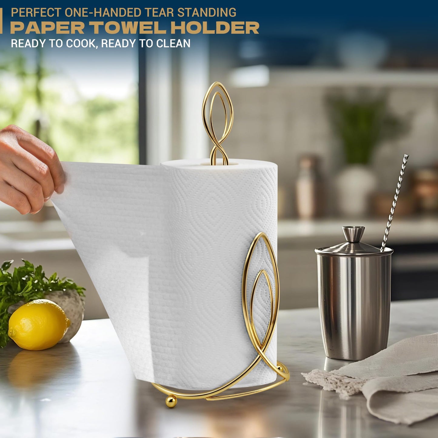 Megier Candle Shaped Paper Towel Holder, Countertop-Decorative Farmhouse Tissue Paper roll Holder, Rustic Metal Modern Stand for Kitchen Bathroom Rest Room (Brass)