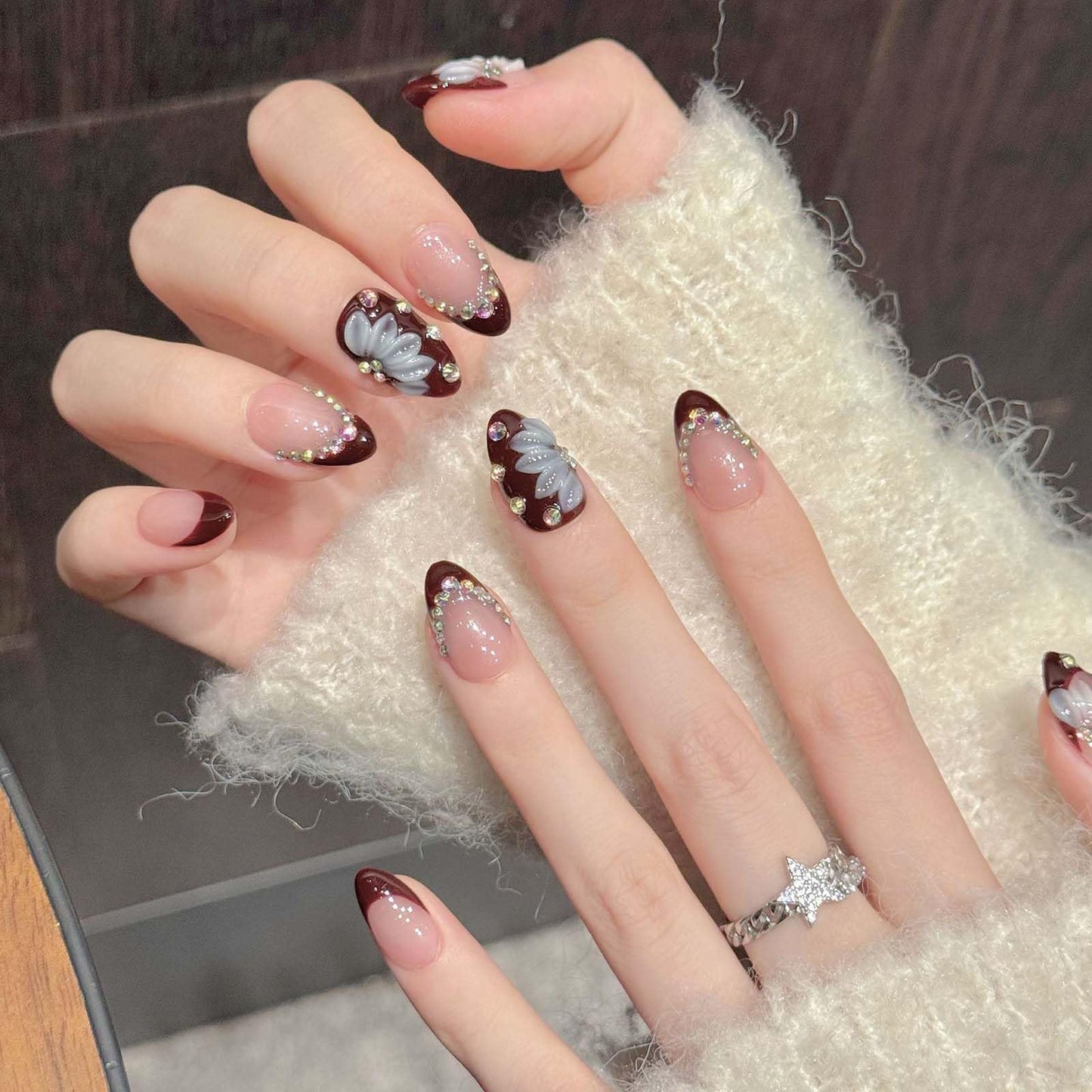 10Pcs Short Almond Handmade Press On Nails | Easy Apply & Remove, Reusable Salon Quality Nails | Elegant Burgundy French Tip Fake Nails with 3D Floral & Rhinestone Accents (RR04, S)