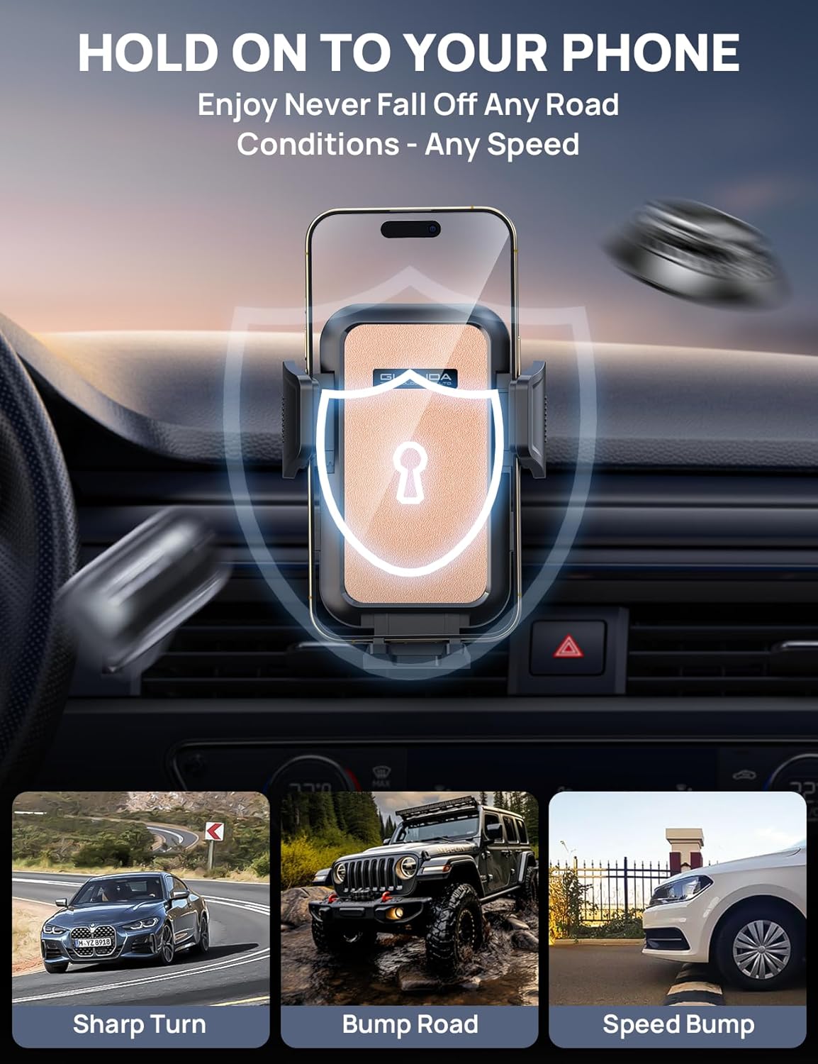[2025 New] Dashboard Phone Holders for Your Car (+Air Vent Clip) [Military Grade Stable] , Car Cell Phone Holder, Rotatable Suction Cup Car Phone Mount for All Phone (Champagne)
