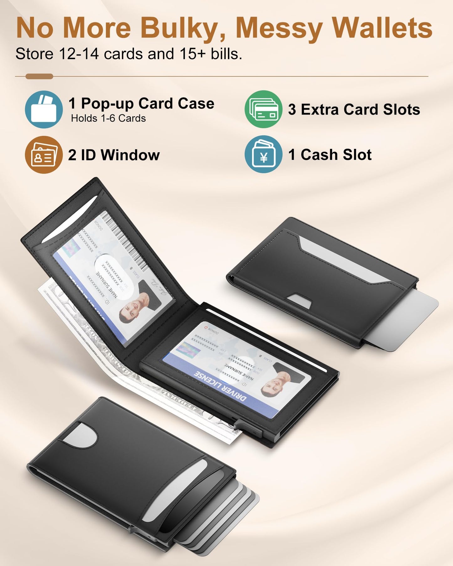 ERUSEHE Wallet for Men: Pop Up Card Case, RFID Blocking, Slim, Minimalist, Genuine Leather, Front Pocket, Smart, Thin, Compact, Magnetic Flap Closure - 2 ID Windows, Up to 12 Cards & 15 Bills (Black)
