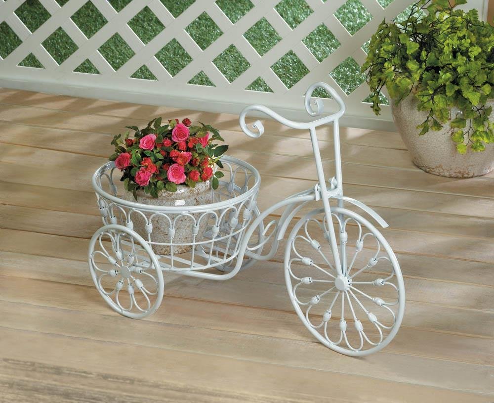 Garden Decor White Shabby Bicycle Planter Stand Indoor Outdoor Iron