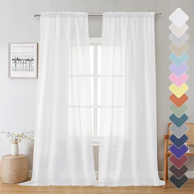 Lecloud Sheer Curtain Panels Set 96" Inches Long, Solid Voile Light Filtering Airy Curtains Window Treatment Drapes for Living Room, 2 Panels Elegant Bedroom Sheer Curtains, White, 40" Wx96 L