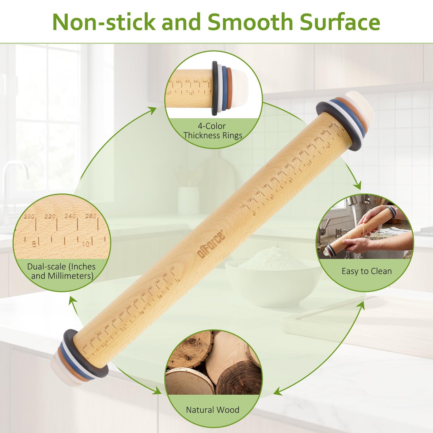 Oiforce Rolling Pin with Adjustable Thickness Rings, Wooden Rolling Pin for Baking, 13.6" Precise Dough Roller for Baking Fondant, Pizza, Pie, Pastry, Pasta, Cookies and More