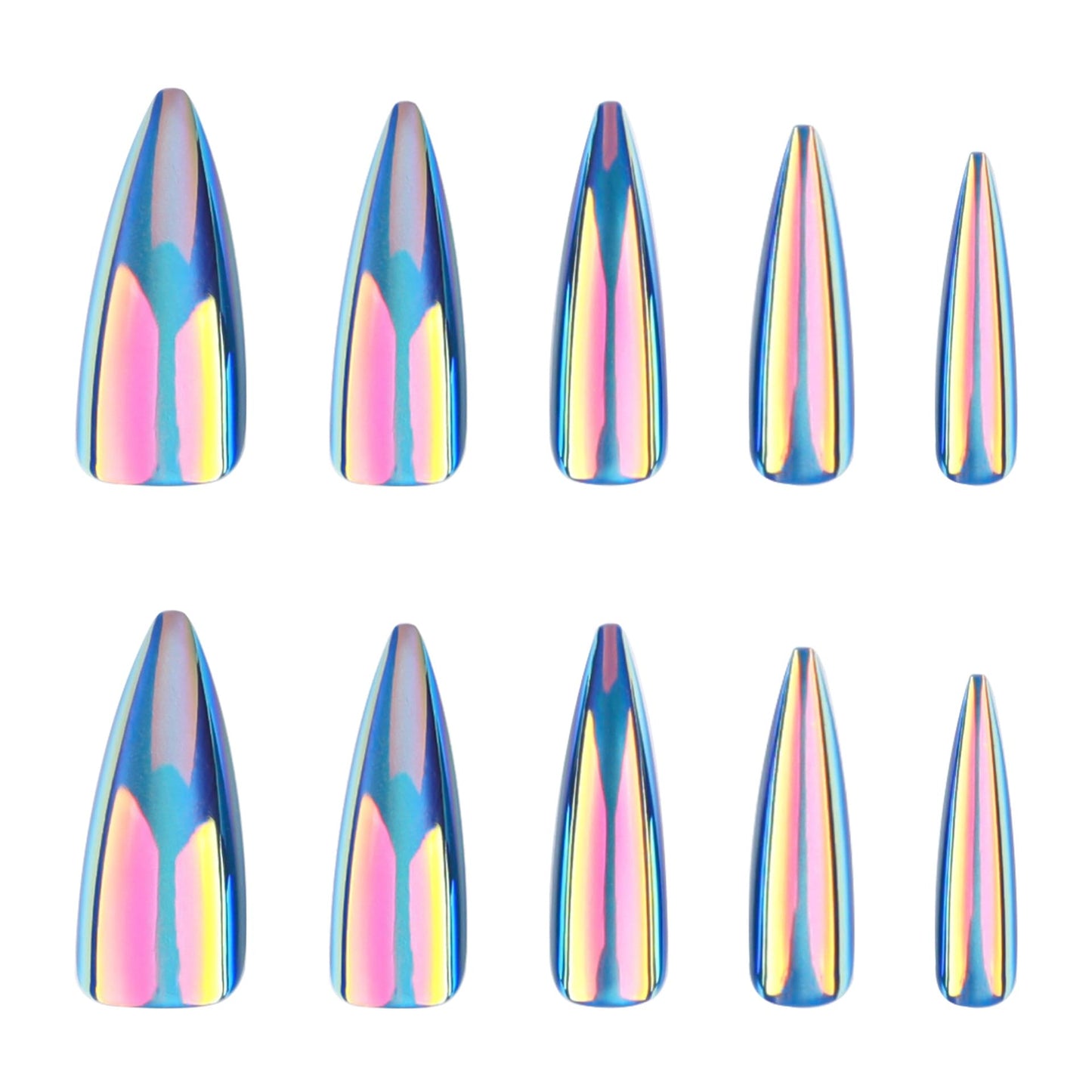 MERVF Long Press on Nails Stiletto Fake Nails Blue Cat Eye Glue ons with Electroplate Chrome Design Almond Acrylic False Nail for Women Glossy 24pcs