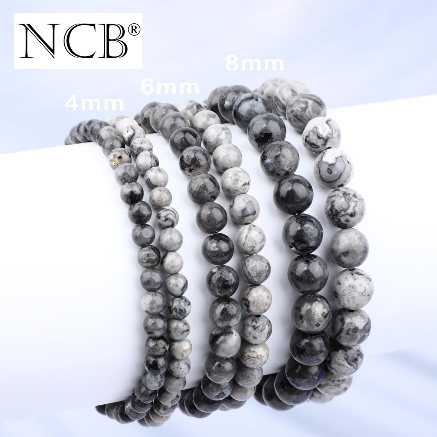 NCB 2-Piece 6mm Natural Crystal Gemstone Stretch Bracelets – ﻿Black Larvikite, Map Jasper Handmade Reiki Energy Healing Jewelry for Meditation,Yoga, Unisex