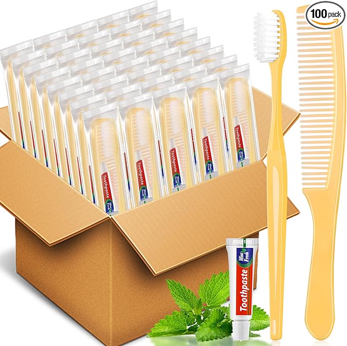 NICEMOVIC 100 Pack Disposable Toothbrushes Bulk with Toothpaste and Comb Travel Size Toothpaste Set Homeless Care Package Supplies for Bulk Individually Wrapped Disposable Travel Hotel Charity, Yellow