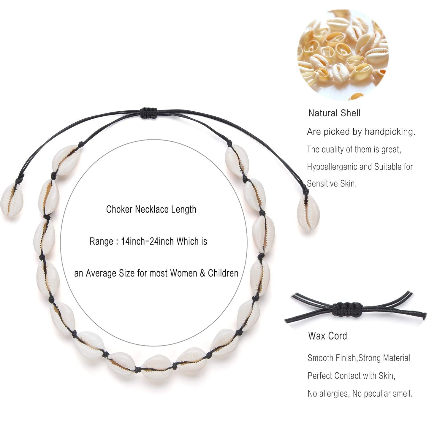 Nackiy Seashell Necklace Choker For Women Summer Hawaiian Style Braided Rope Natural Shell Necklace(Black Braided Rope)