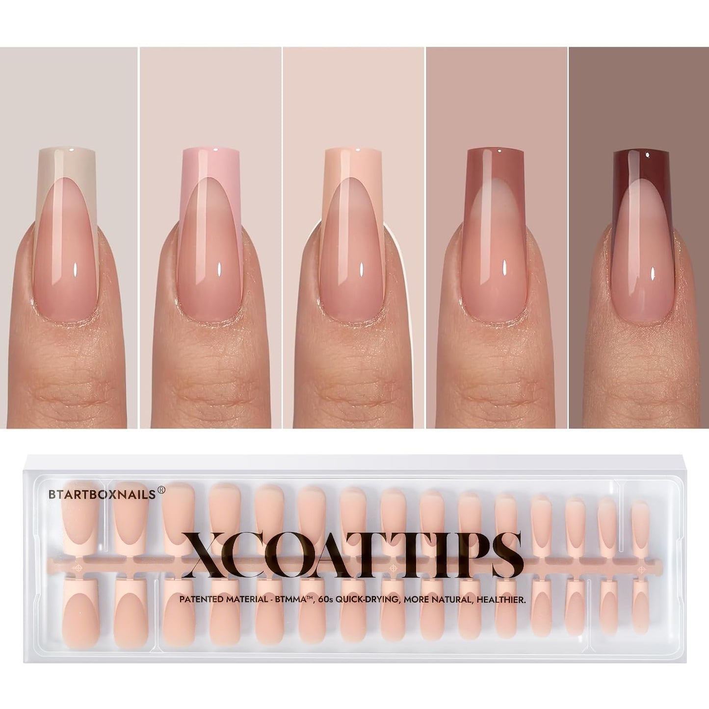 BTArtboxnails XCOATTIPS Press on Nails - French Tip Press on Nails Long Square, Skin Tones Soft Gel Nails False Nail Tips, Soak Off Acrylic Nails Extensions