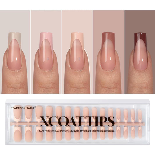 BTArtboxnails XCOATTIPS Press on Nails - French Tip Press on Nails Long Square, Skin Tones Soft Gel Nails False Nail Tips, Soak Off Acrylic Nails Extensions
