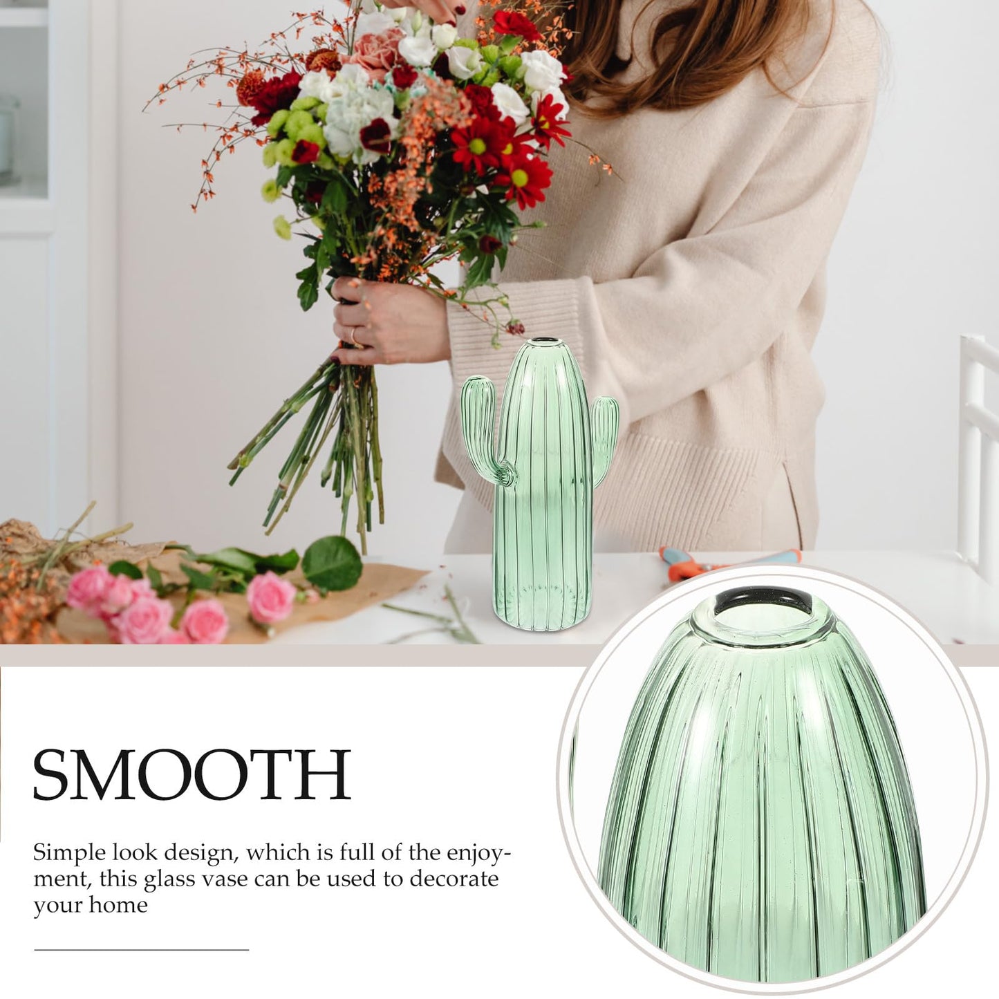 Beavorty Cactus Shaped Glass Hydroponic Plant Vase Green Decorative Terrarium Jar for Home Office Table Centerpiece