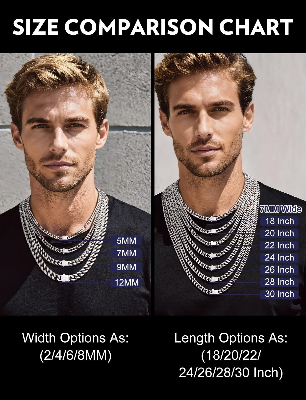 Bandmax Men's Silver Miami Cuban Link Chain Necklace - 24 Inch, 7MM Wide Chunky Biker Rapper Chain Gift for Men & Women