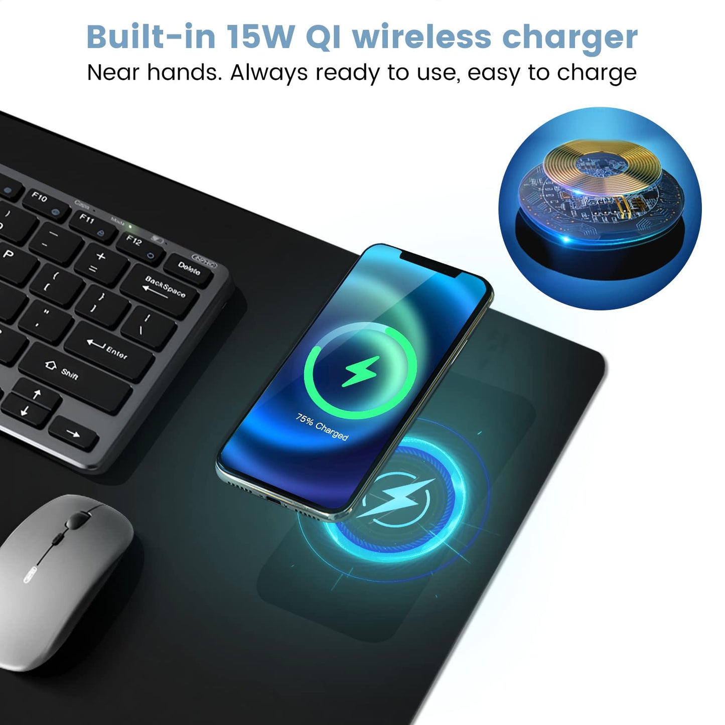Desk Mat Wireless Charging Mouse Pad Large 32x16 Journey Desk Pad Mat with Wireless Charger Waterproof Black Leather Computer Mat with Phone Charger Mousepad Non-Slip for Keyboard and Mouse