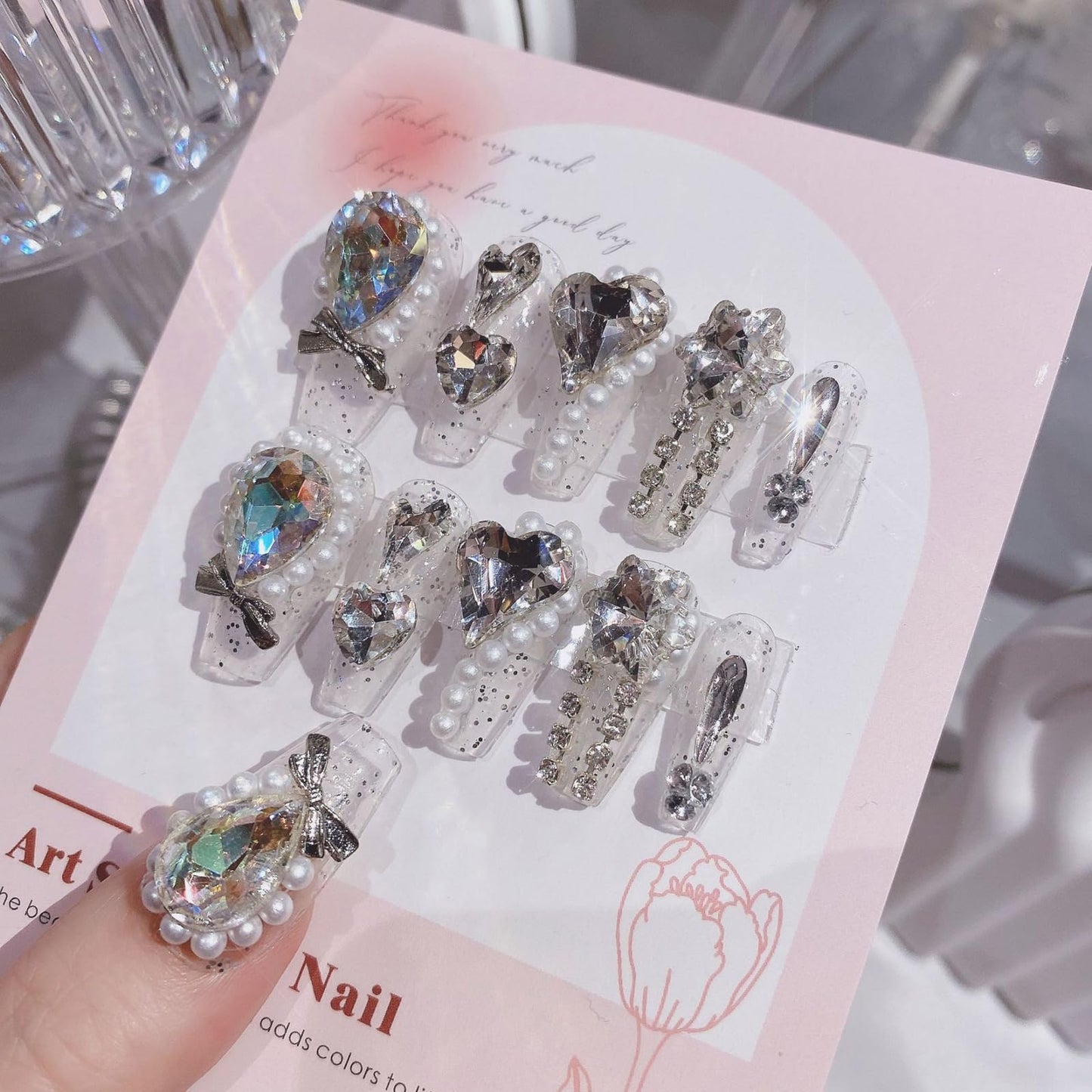 SINHOT Luxury Press on Nails - Long Coffin Fake Nails 3D Handmade Hearts & Pearls Reusable False Nails with Rhinestone Designs,DIY Artificial Nail Art, 24pcs