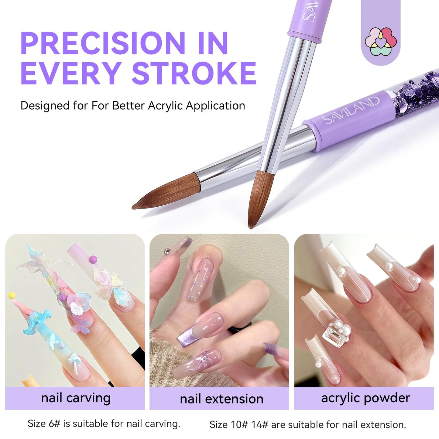 SAVILAND Kolinsky Acrylic Nail Brush Set: Size 6,10,14 Professional Nail Brushes Cleaner Manicure Tool for Acrylics Application Acrylic Powder Nails Extension 3D Carving for Nails Art DIY