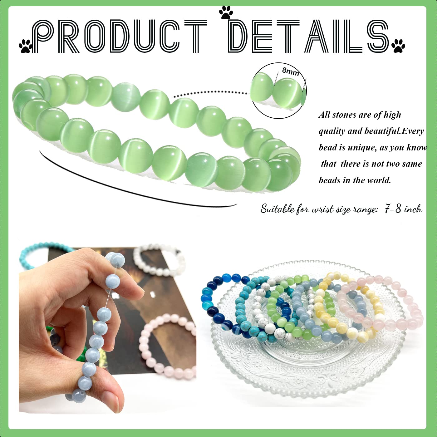 SROBENZ 12 PCS Gemstone 8mm Round Beaded Bracelet Set Healing Crystal Stone Stretch Bracelets for Women Men Round Beads Elastic Bracelets