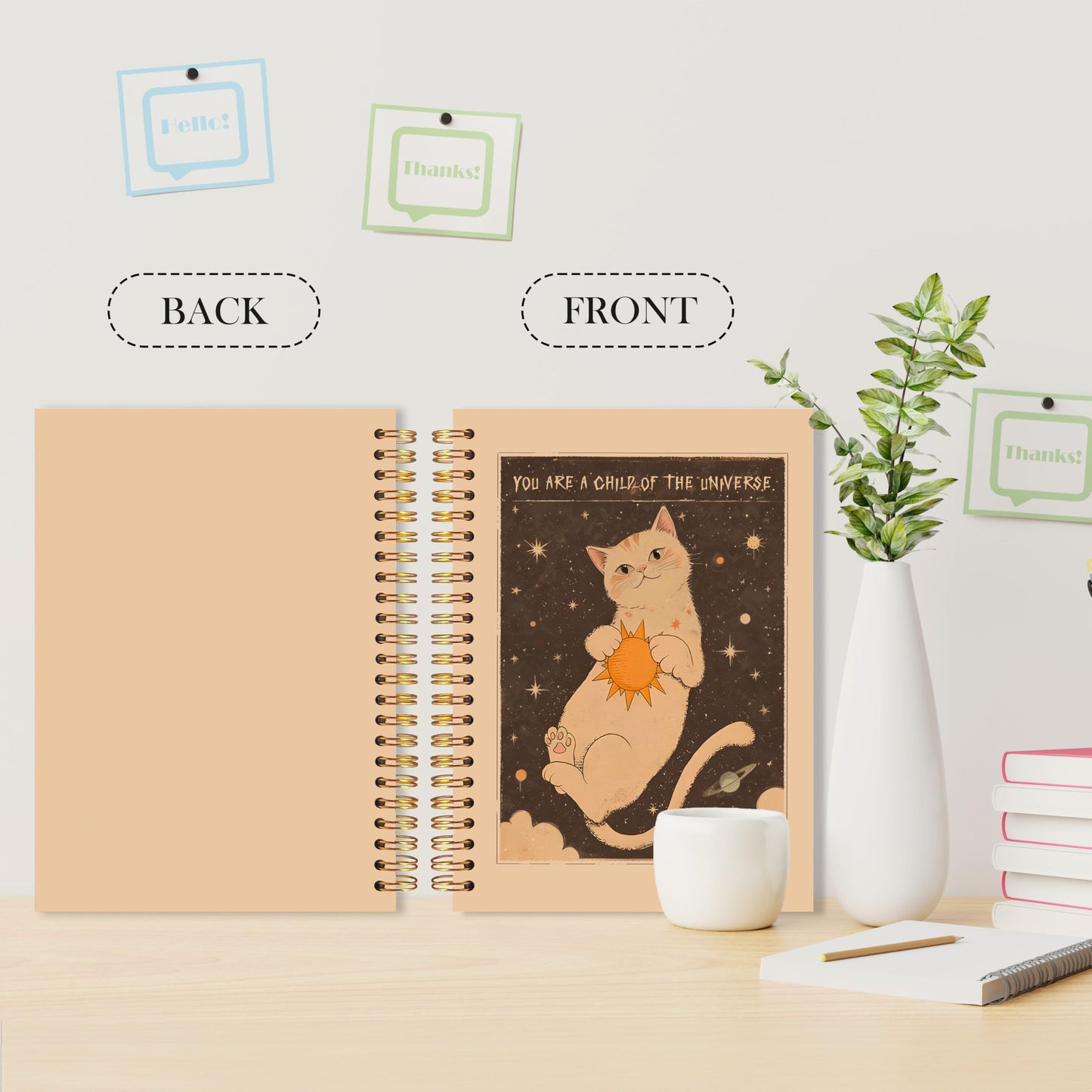 LADOCK Boho Space Cat Notebook Journal, Cat Lovers Gifts Journal, Boho Celestial Universe Cute Kitten Spiral Notebook, Cats Mom Lady Gifts for Women, 5.5x8.3
