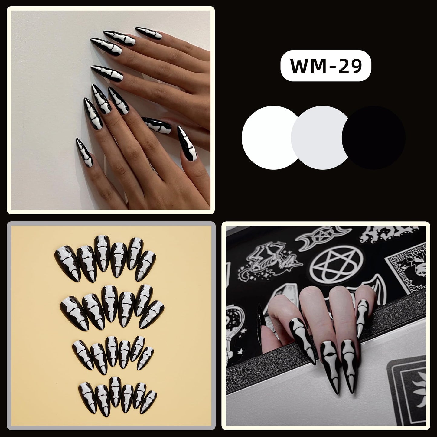 Halloween Press on Nails Medium Almond Fake Nails Horror Finger Bone Designs Acrylic Nails Black False Nails Press ons Glossy Glue on Nails Full Cover Stick on Nails for Women Girls 24Pcs