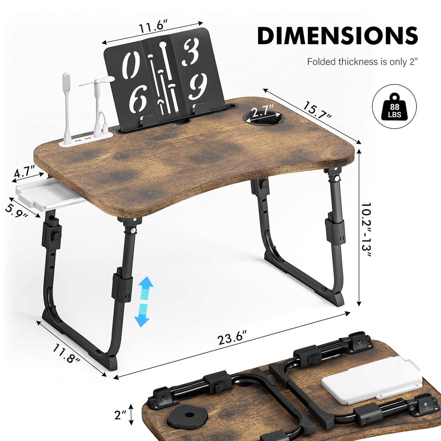 Lap Desk for Bed Adjustable Height, Foldable Bed Table with Storage Drawer, Tablet Slot & Cup Holder, Portable Laptop Stand for Bed & Sofa, Bed Desk for Adults & Kids, Carbonized