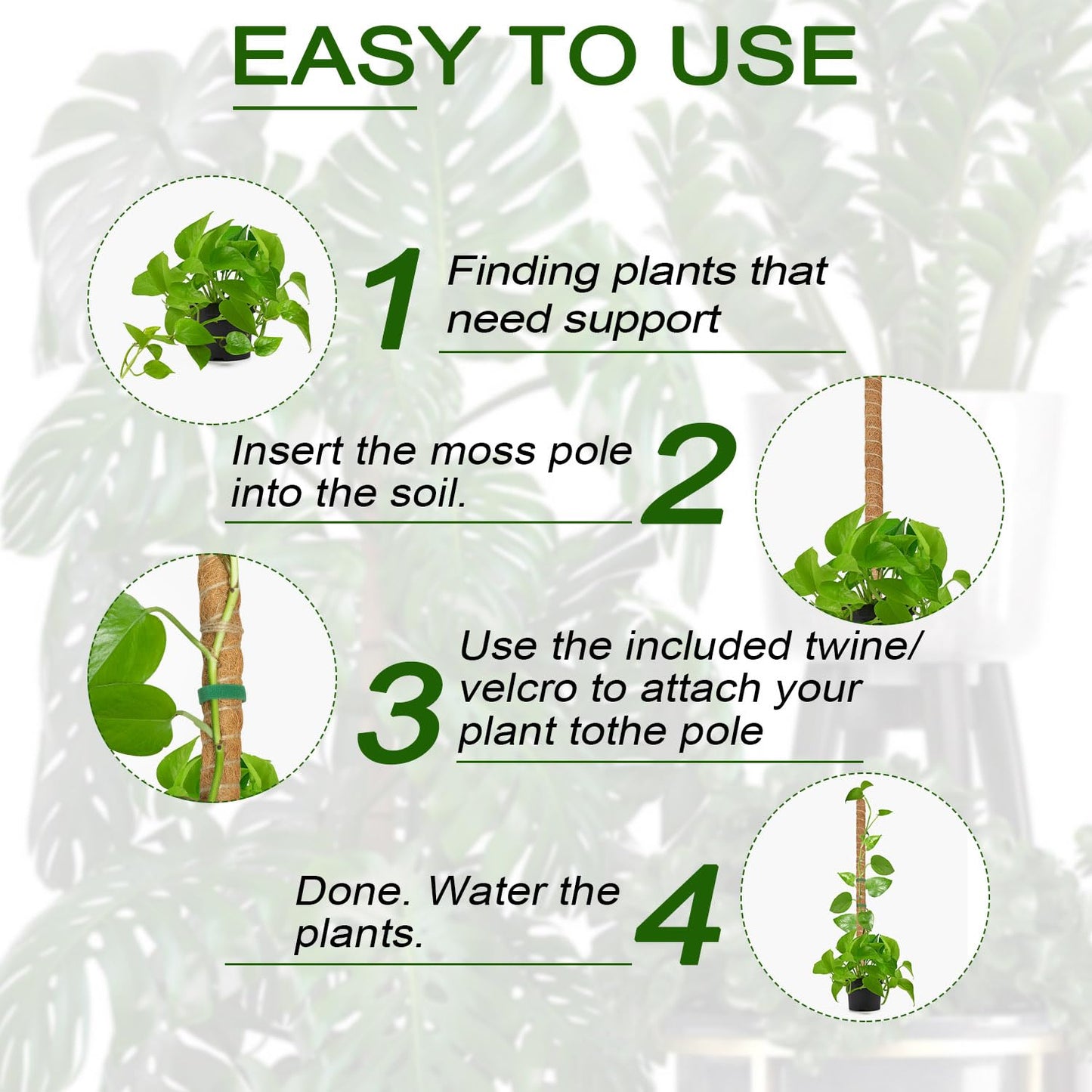Deergo 4Pack 30 Inch Bendable Moss Pole for Plants Monstera, Coco Coir Plant Support Pole for Small Climbing Plants Grow Up