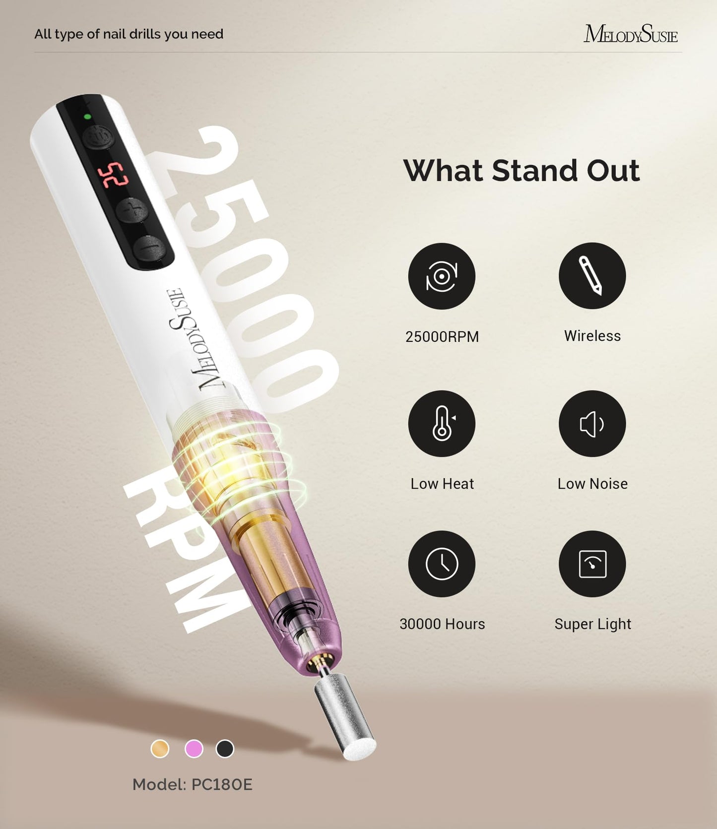 MelodySusie Pen-Shaped Portable Cordless Nail Drill, PC180E 25000RPM Rechargeable Electric File with LED Display for All Nail Care, Manicure Shaping & Acrylic Gel Removal for Nail Artists DIY at Home