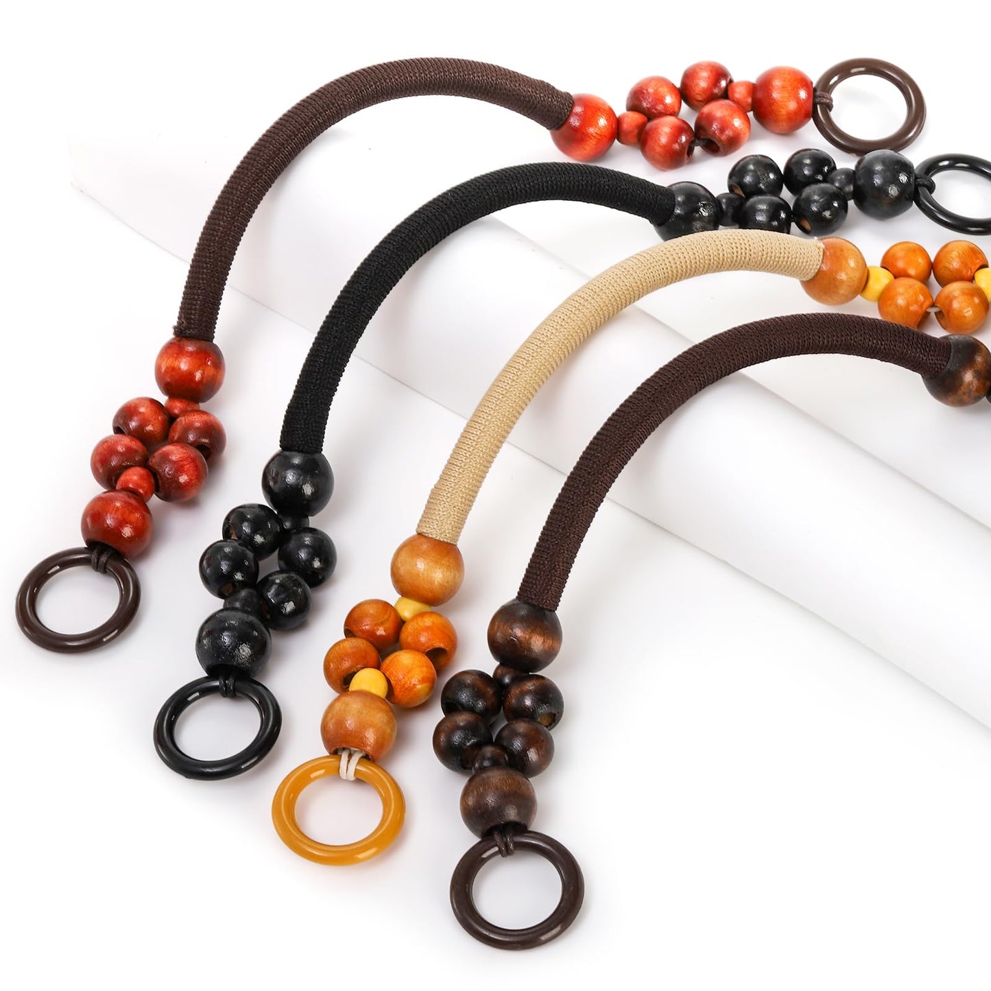 Jucoan 8 PCS Wooden Beaded Purse Handles, 4 Colors Rustic Bead Purse Strap Handles Replacement, 18.5 Inch Nylon Bag Handles with Beads and Rope for Summer Beach Bag Macrame Crochet Bag DIY Supplies