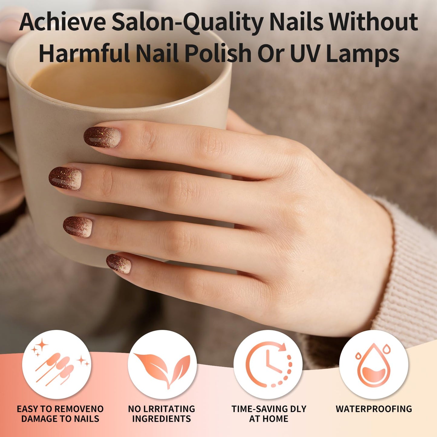 Semi Cured Gel Nail Strips -Burgundy Gold Flake Ombre-Stylish Nail Wraps, No UV Light Needed, Effortless Application & Removal, Salon Quality, Includes 16 Wraps, 1 Prep Pad, Wooden Stick & Nail File