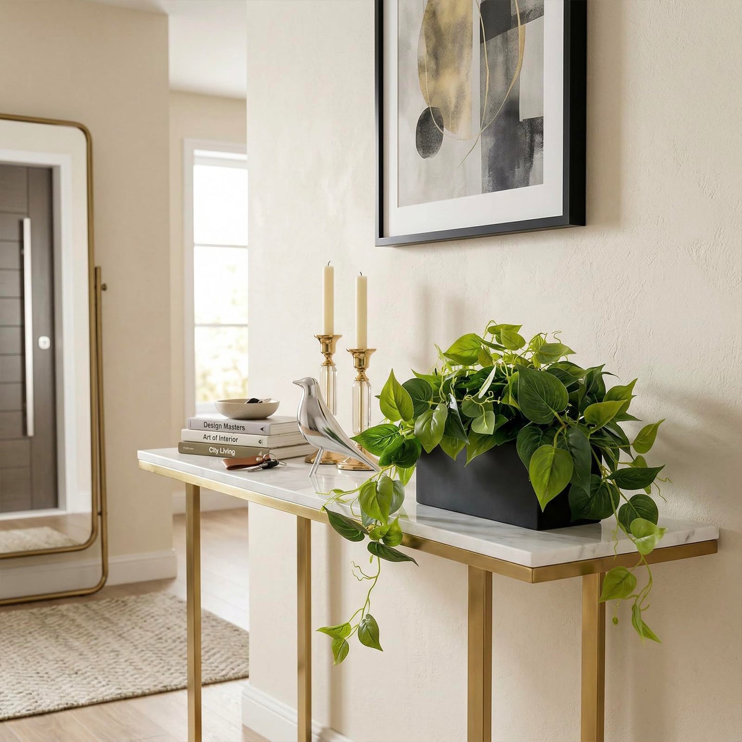 MyGift Vibrant Lifelike Artificial Plant Pothos Leafy Vine Greenery in Black Concrete Rectangular Planter Box