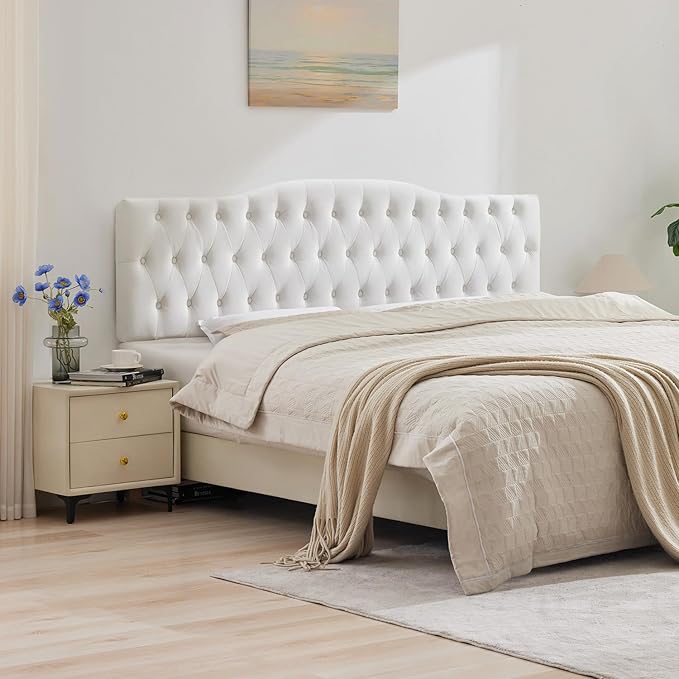 Upholstered Full Headboard, Button Diamond Tufted Headboard with Adjustable Height and Solid Wood Leg, Velvet Padded Headboards for Full Size Bed, Modern Head Board, White