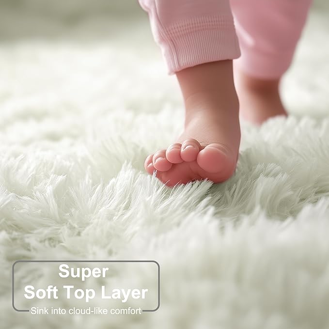 Amdrebio Ivory White Round Rug 4Ft for Kids Bedroom Aesthetic, Fluffy Fuzzy Furry Circle Area Rugs for Living Room Decor, Circular Plush Soft Shaggy Cream Carpet for Baby Nursery Dorm Teen Girls Boys
